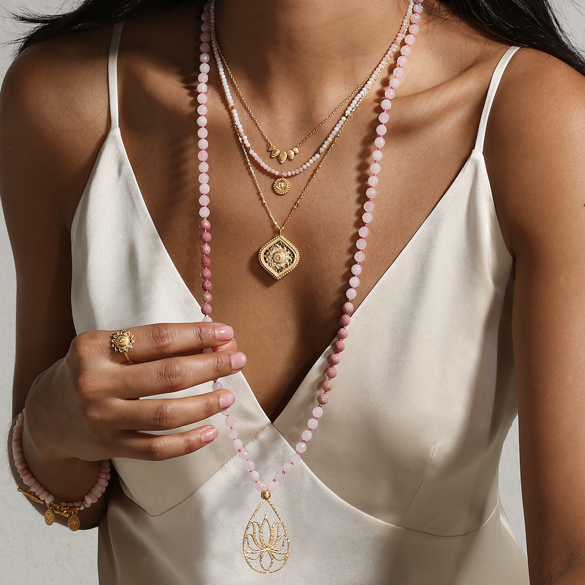 33" Rose quartz color block lotus mala