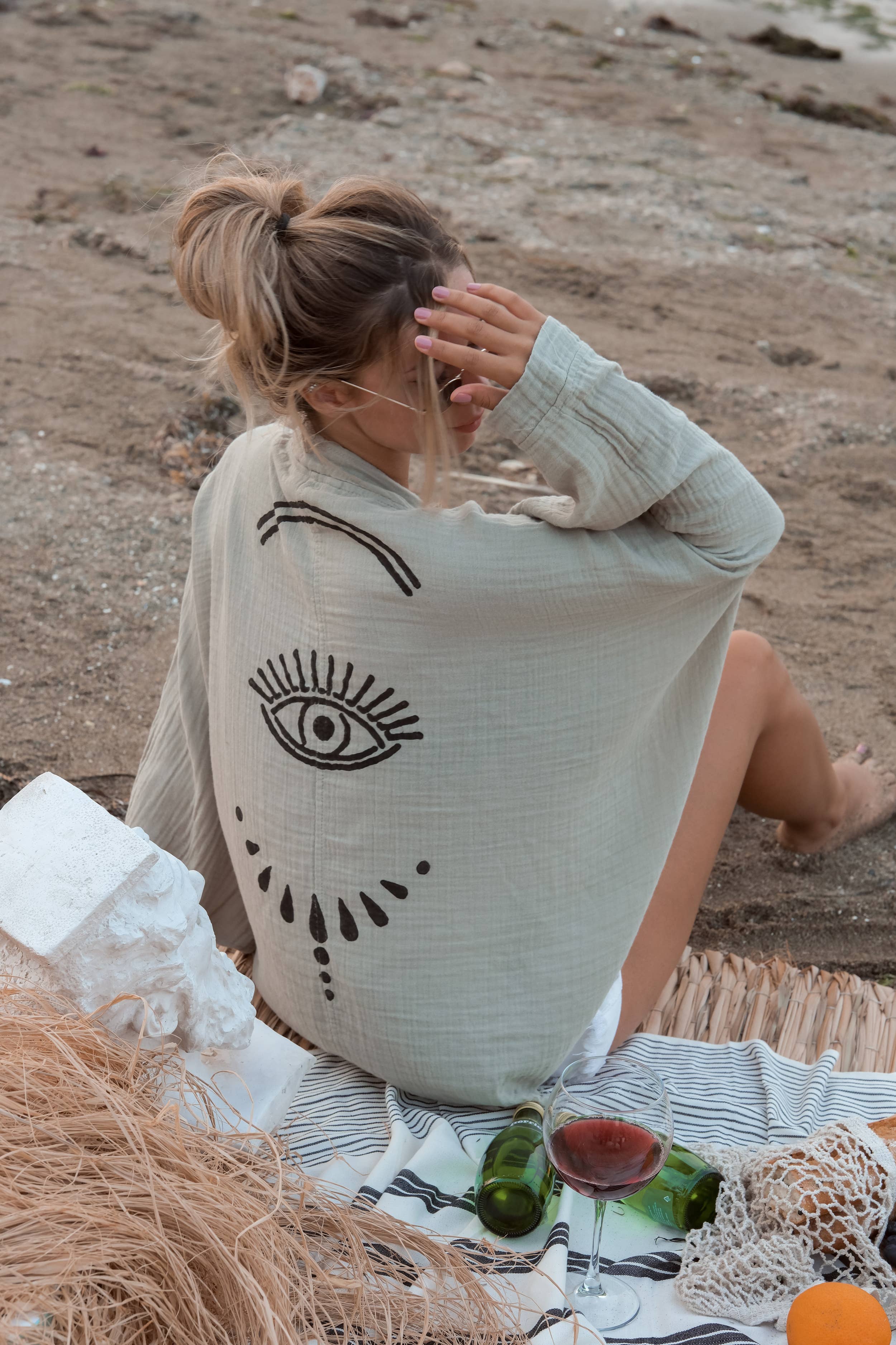 Green Evil Eye Muslin Kimono Robe / Poncho