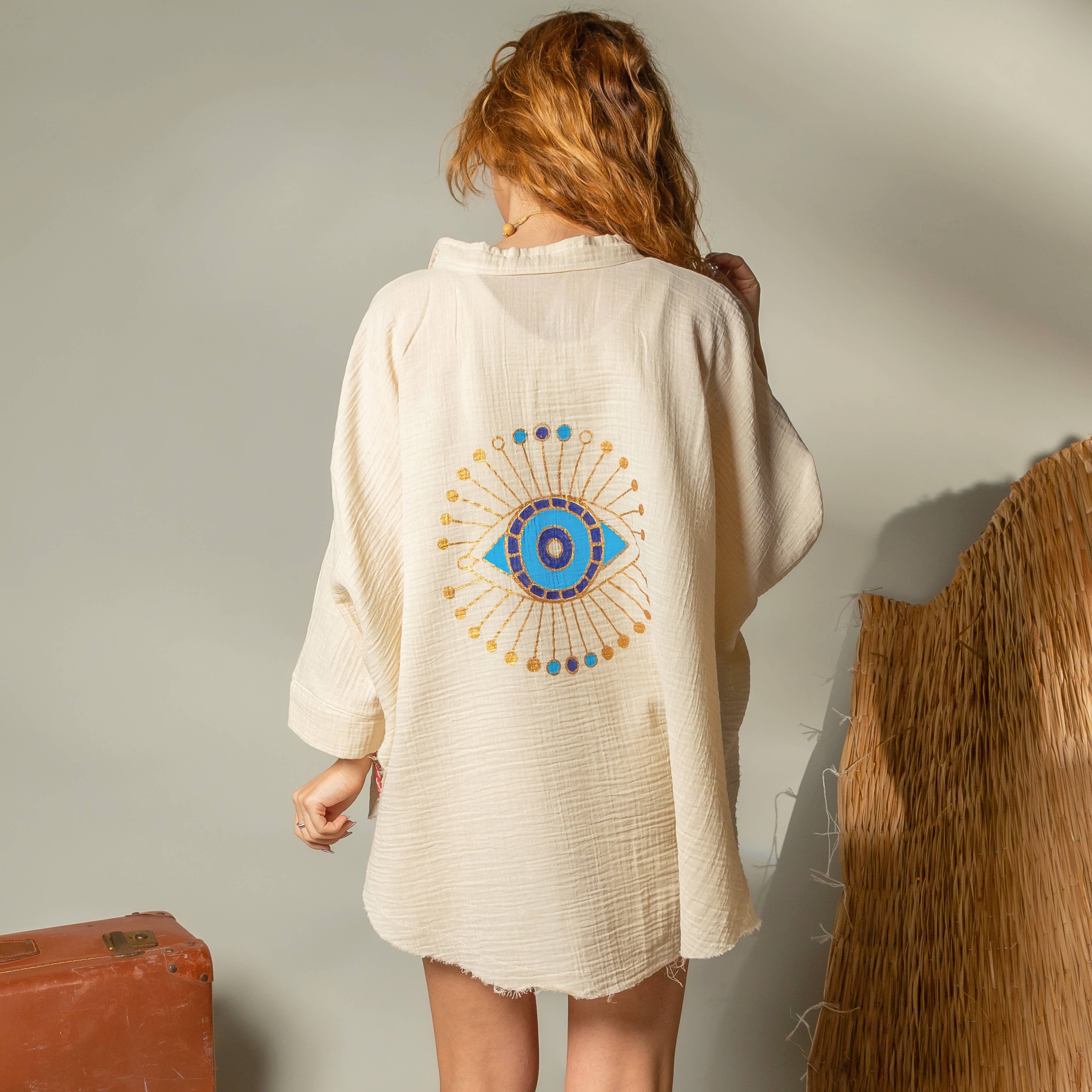 Cream Celestial Evil Eye Muslin Kimono Robe / Poncho