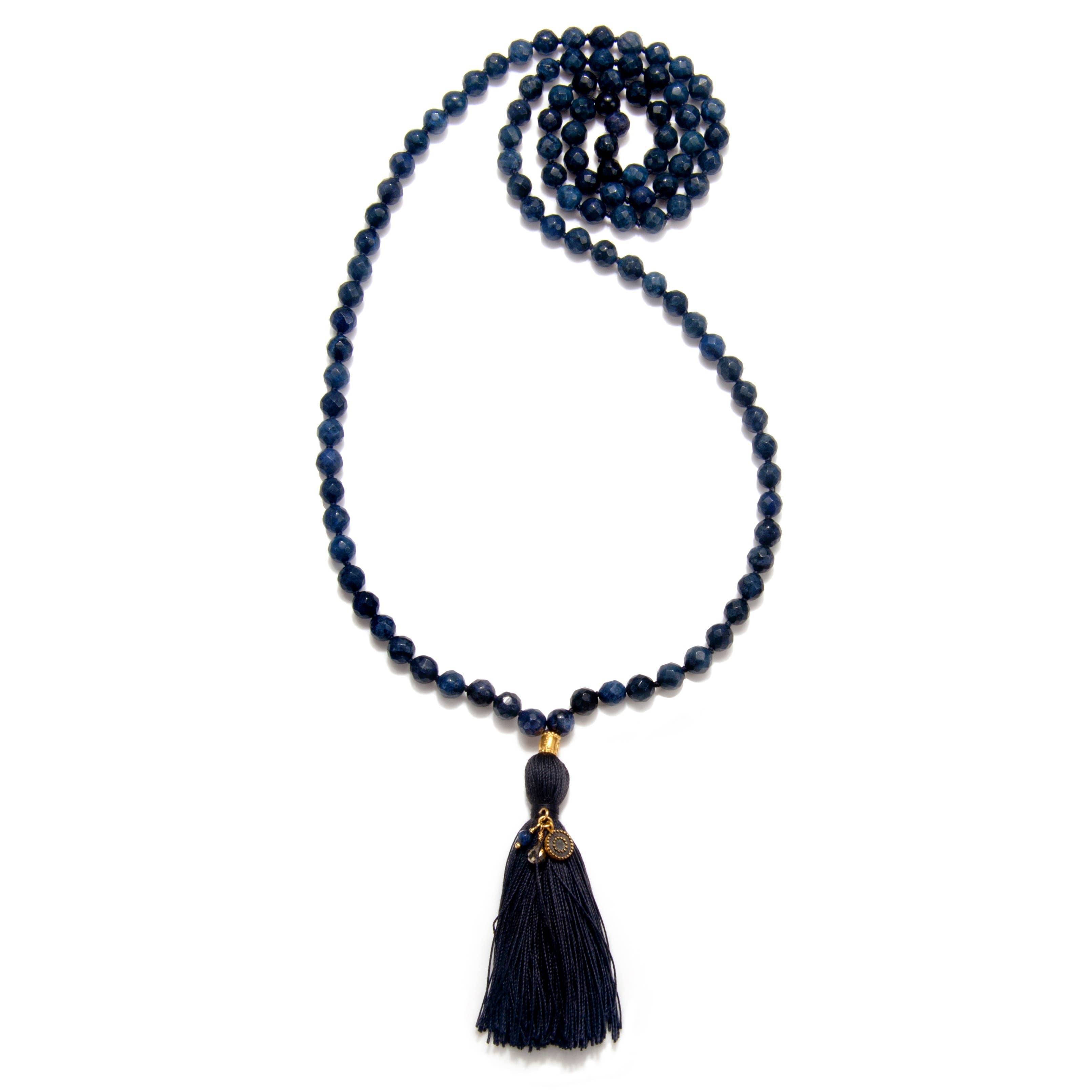 Dumortierite Gold Moon Tassel Mala Necklace (40-inch)