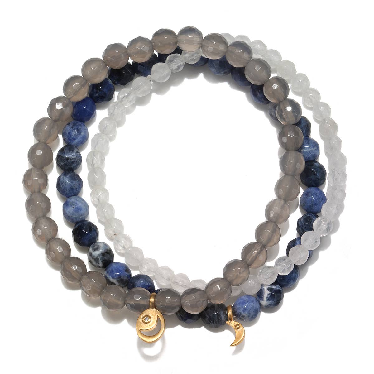 Sodalite, Grey Agate, White Jade Gold Moon Stretch Bracelet