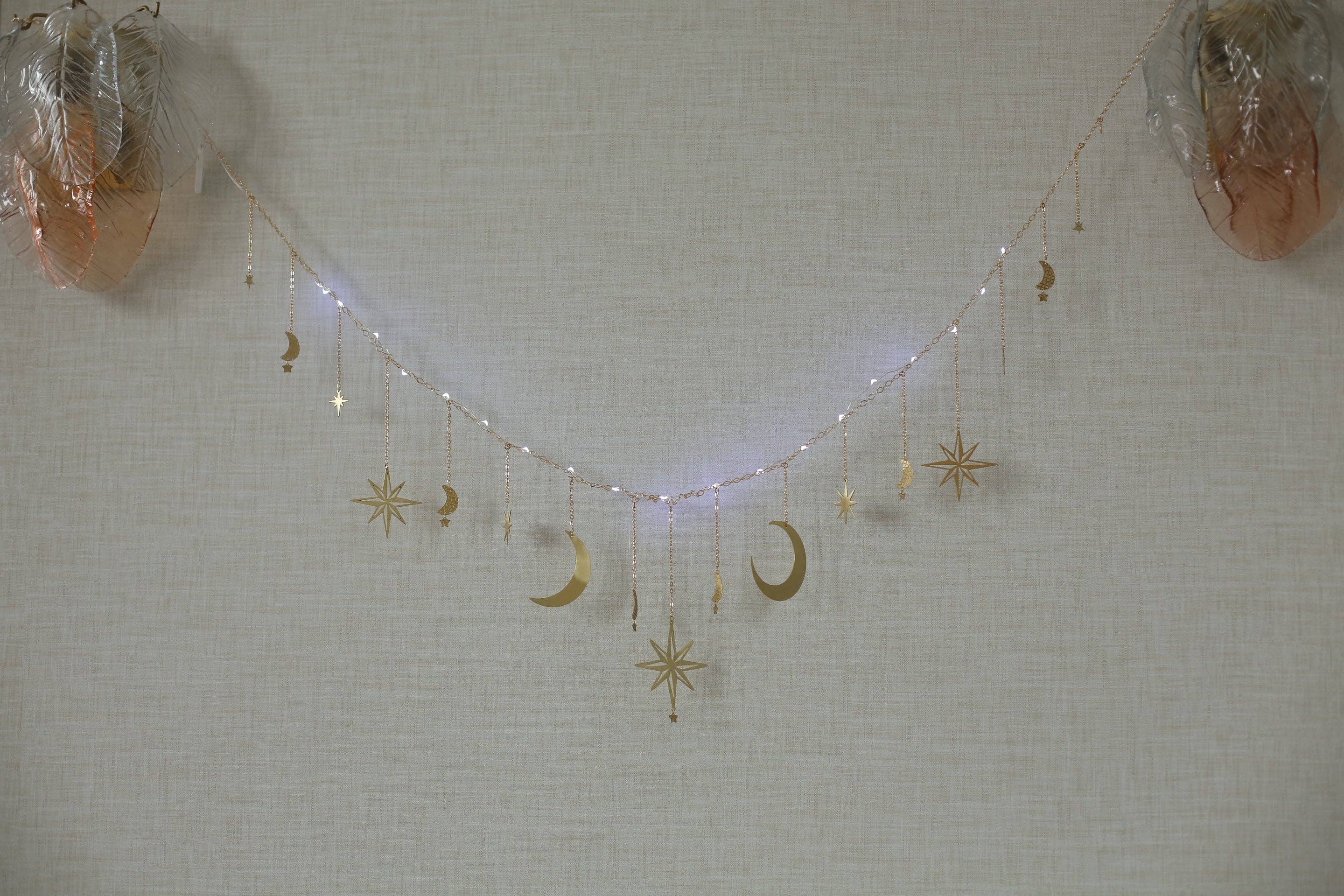 Celestial Moon and Star Garland with String Lighting