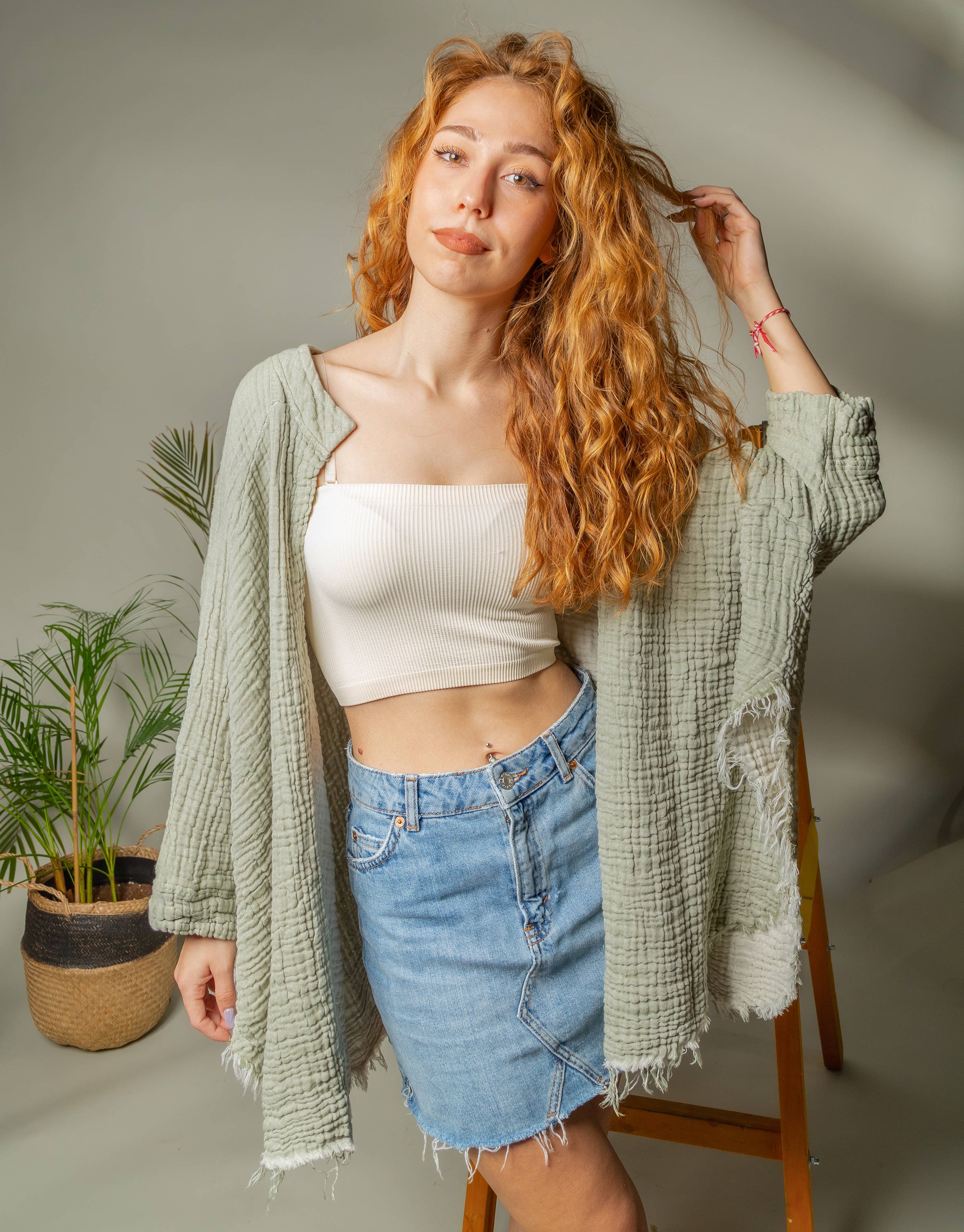 Green Muslin Kimono Robe with Golden Moon Phases / Poncho