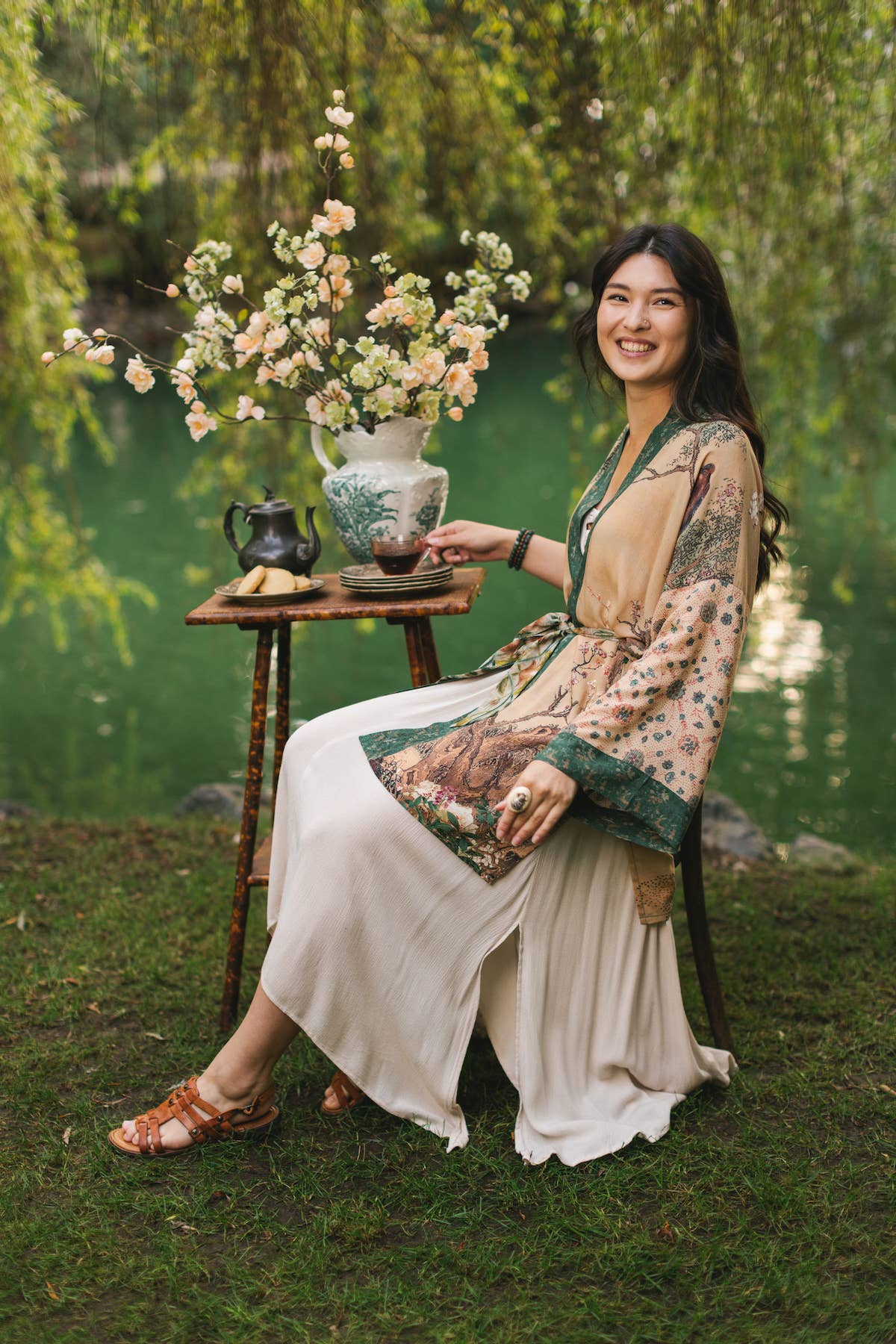 Fable Matinée Duster Bamboo Kimono w/Blossoms, mid-length