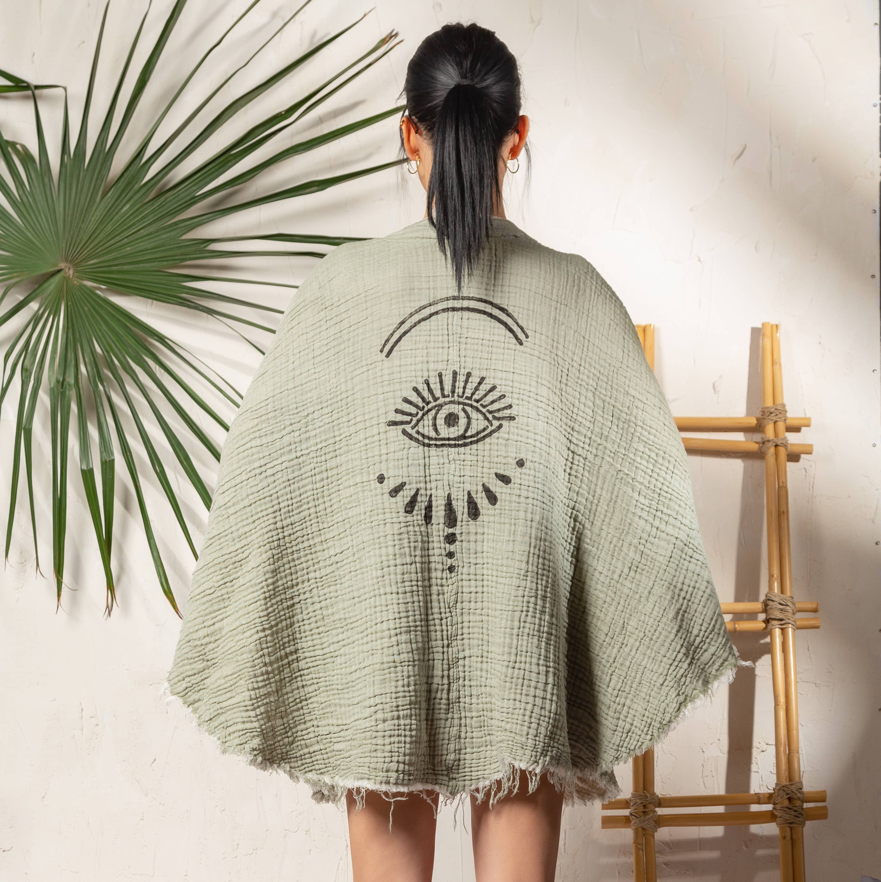 Green Evil Eye Muslin Kimono Robe / Poncho
