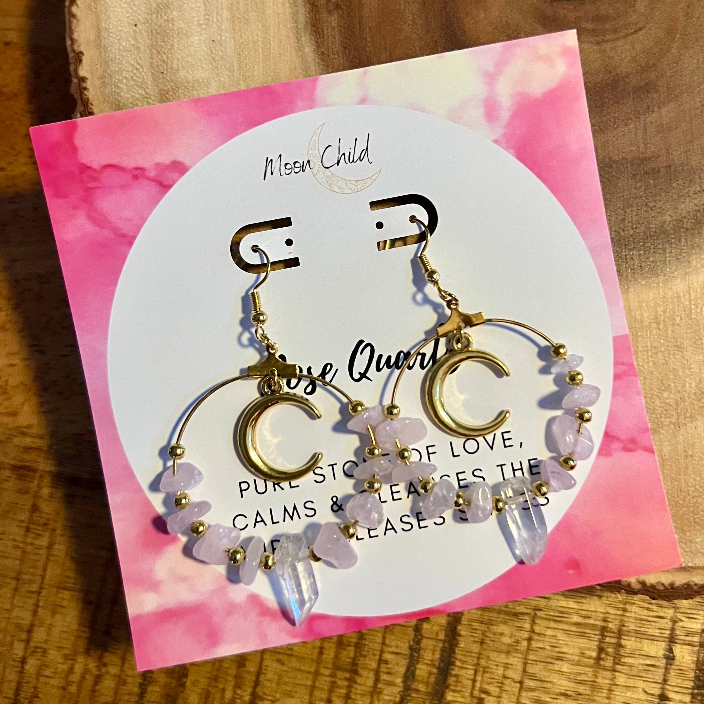 Moon Rose Quartz Gold Earrings ~ "Love & Tranquility"