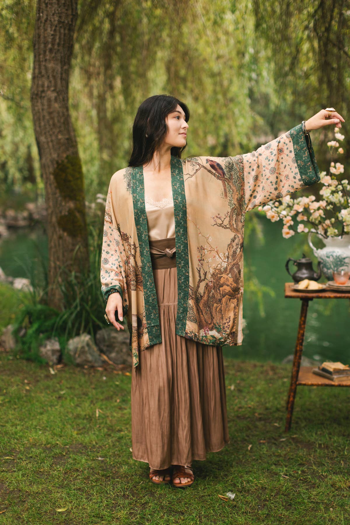 Fable Matinée Duster Bamboo Kimono w/Blossoms, mid-length