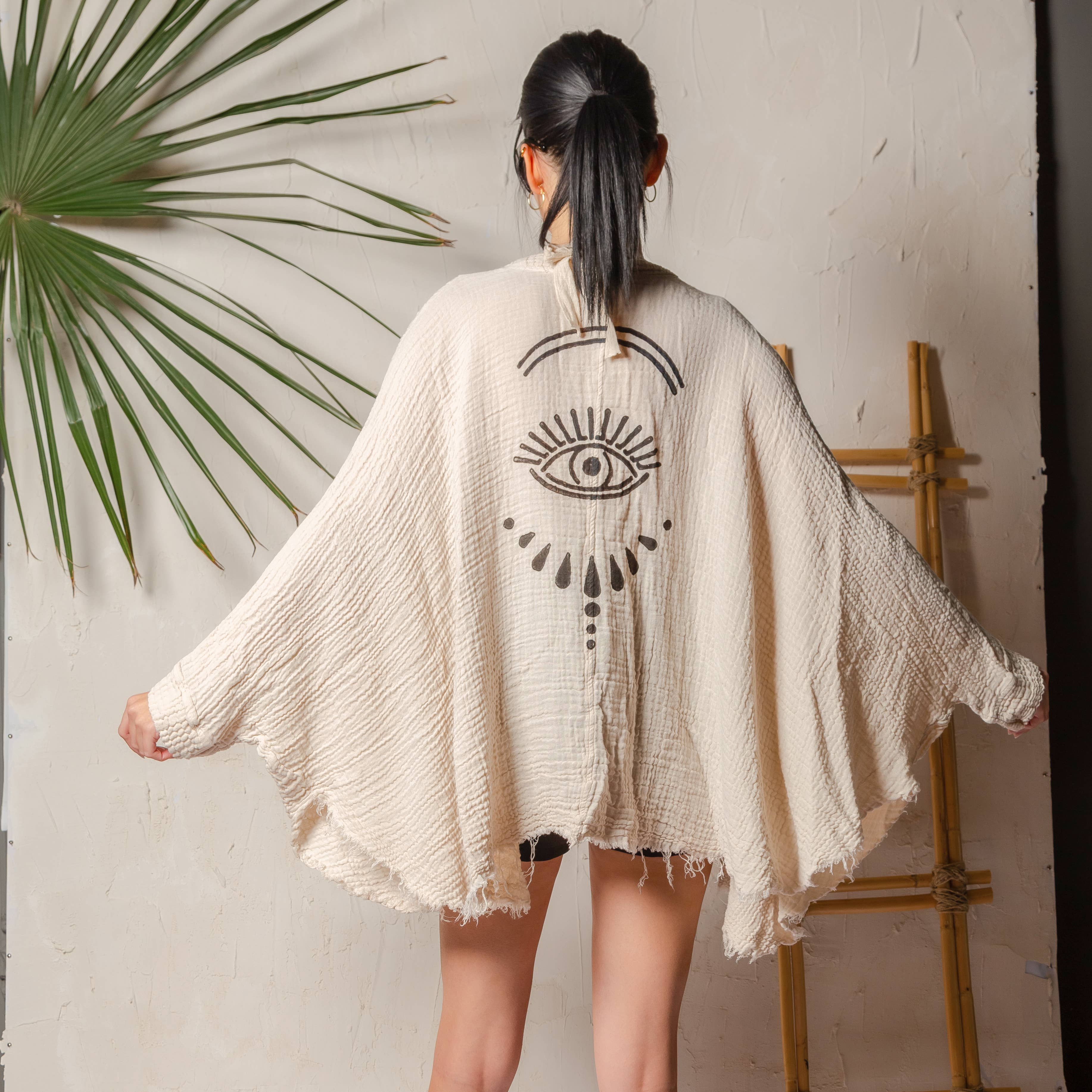 Green Evil Eye Muslin Kimono Robe / Poncho