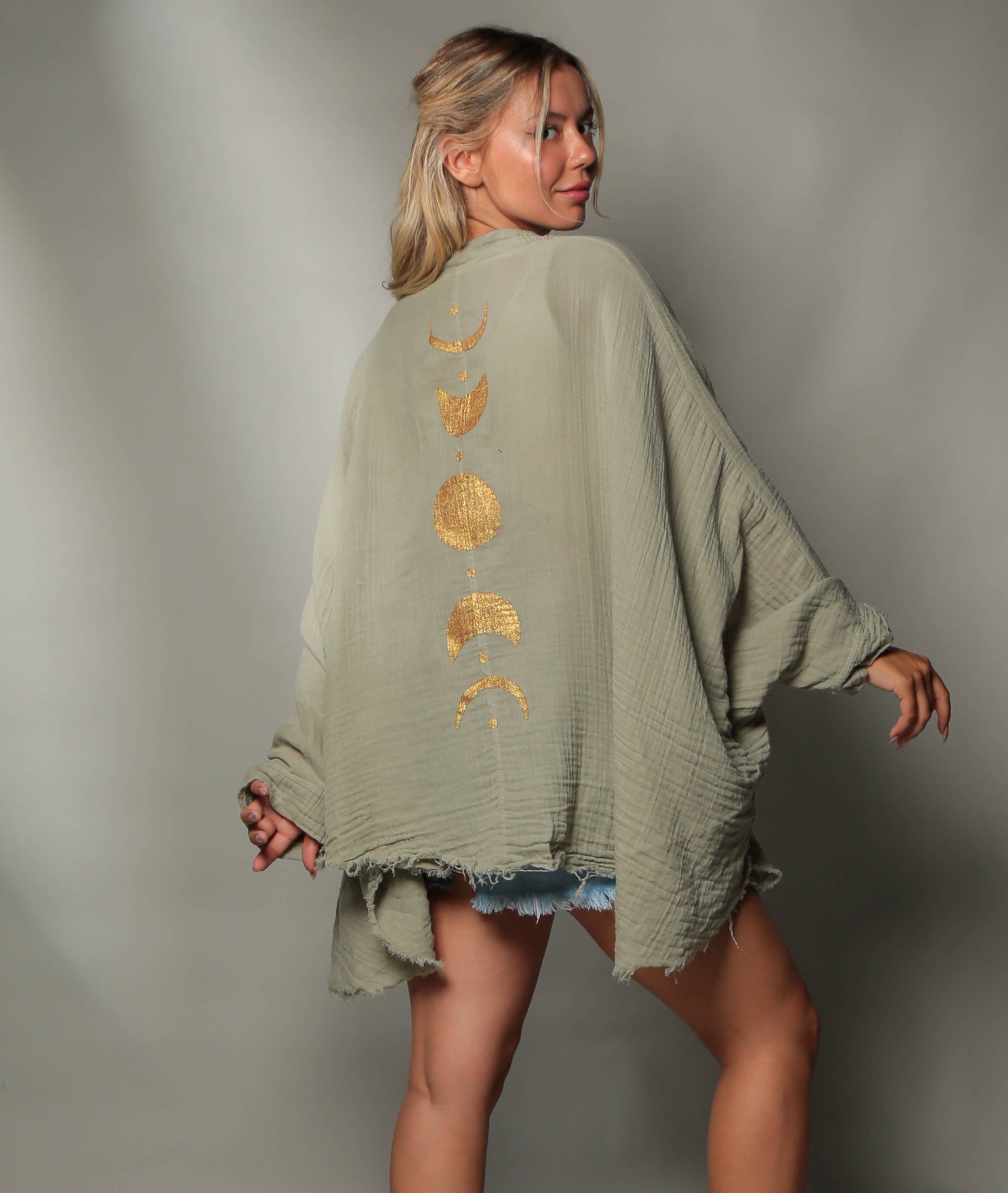 Green Muslin Kimono Robe with Golden Moon Phases / Poncho