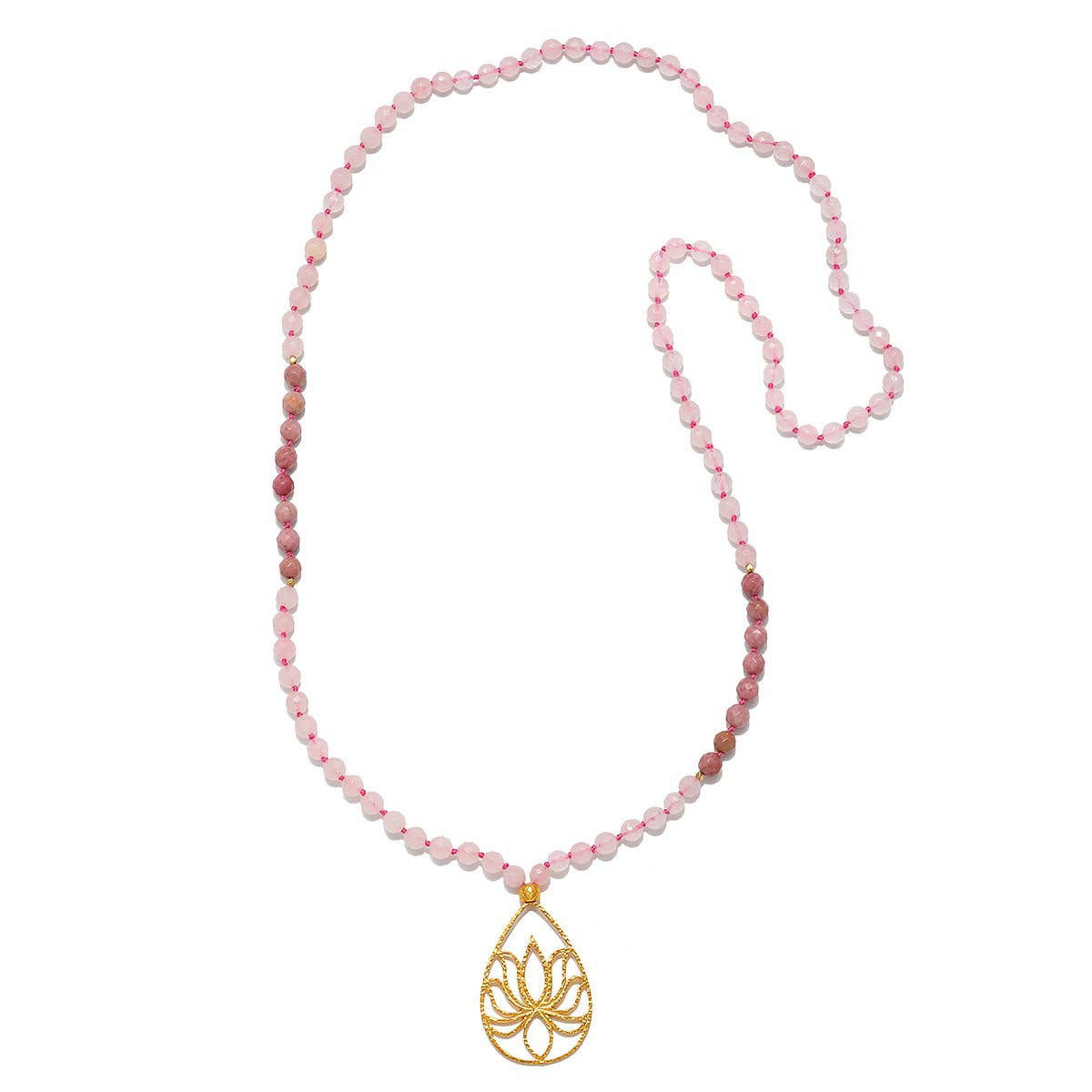 33" Rose quartz color block lotus mala
