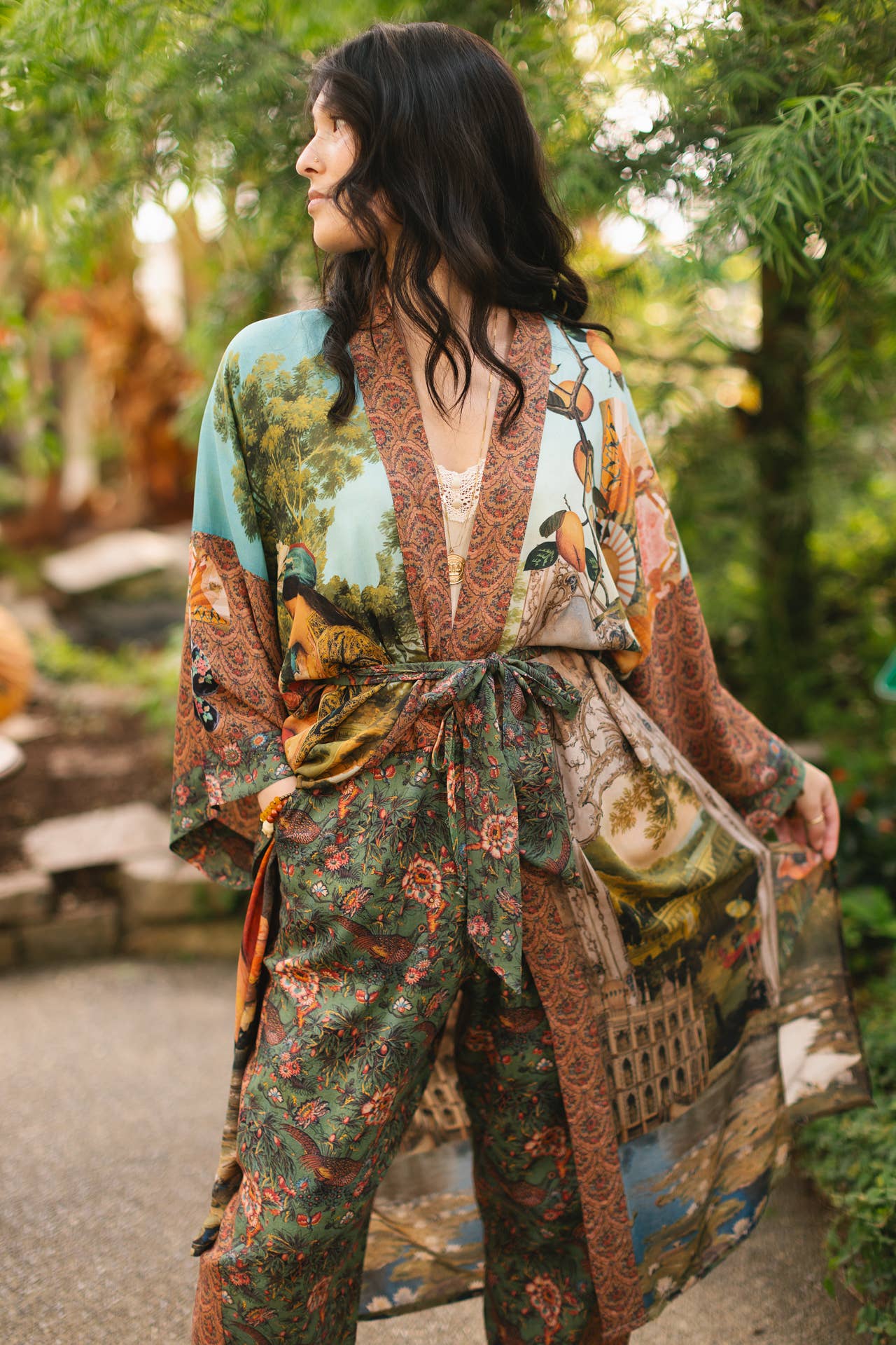 Secret Garden Opera Duster Bamboo Kimono Robe w/ Swan, Fan