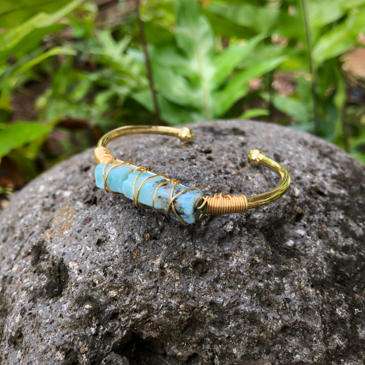 Larimar Gemstone Gold Cuff for Serenity & Stress Relief