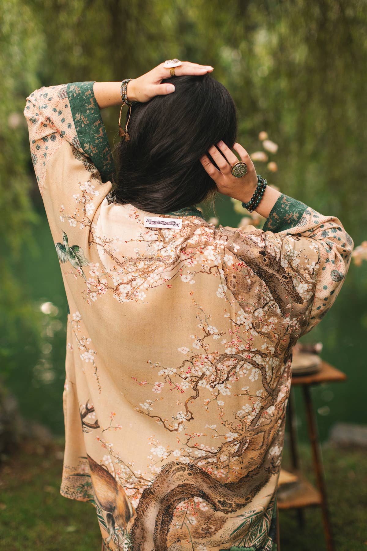 Fable Matinée Duster Bamboo Kimono w/Blossoms, mid-length