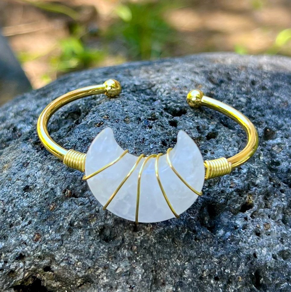 Crystal Quartz Moon Gemstone Gold Bangle