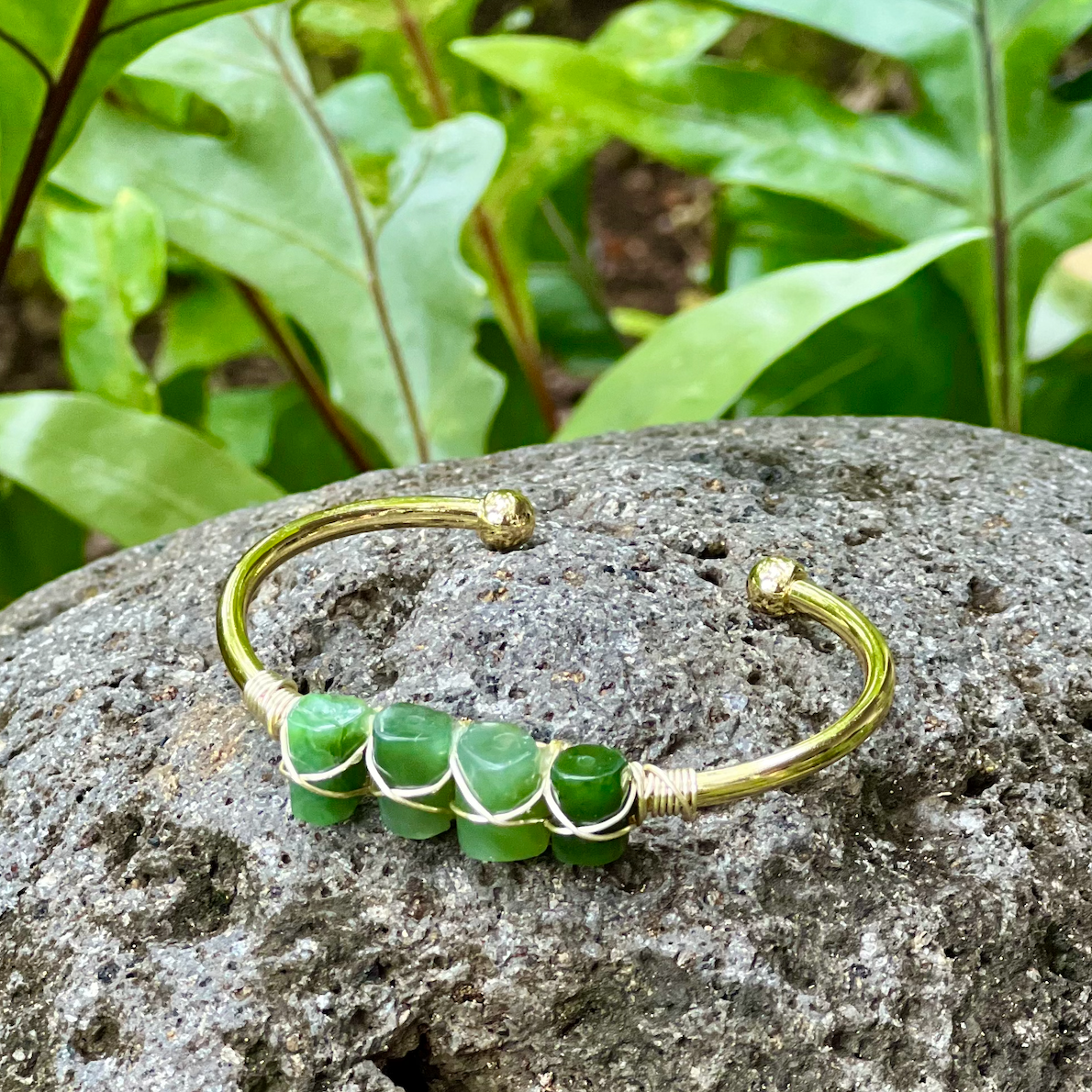 Green Jade Gemstone Gold Bangle Cuff