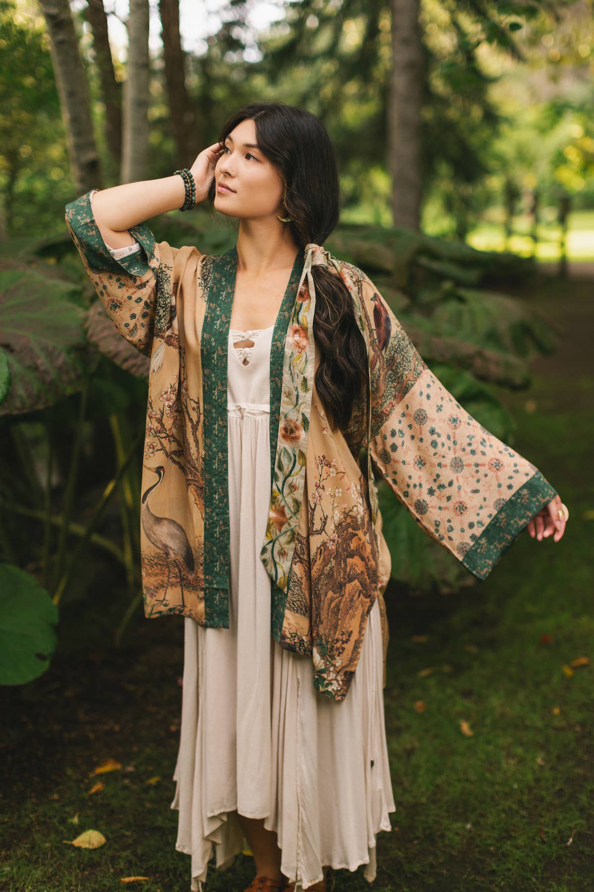 Fable Matinée Duster Bamboo Kimono w/Blossoms, mid-length