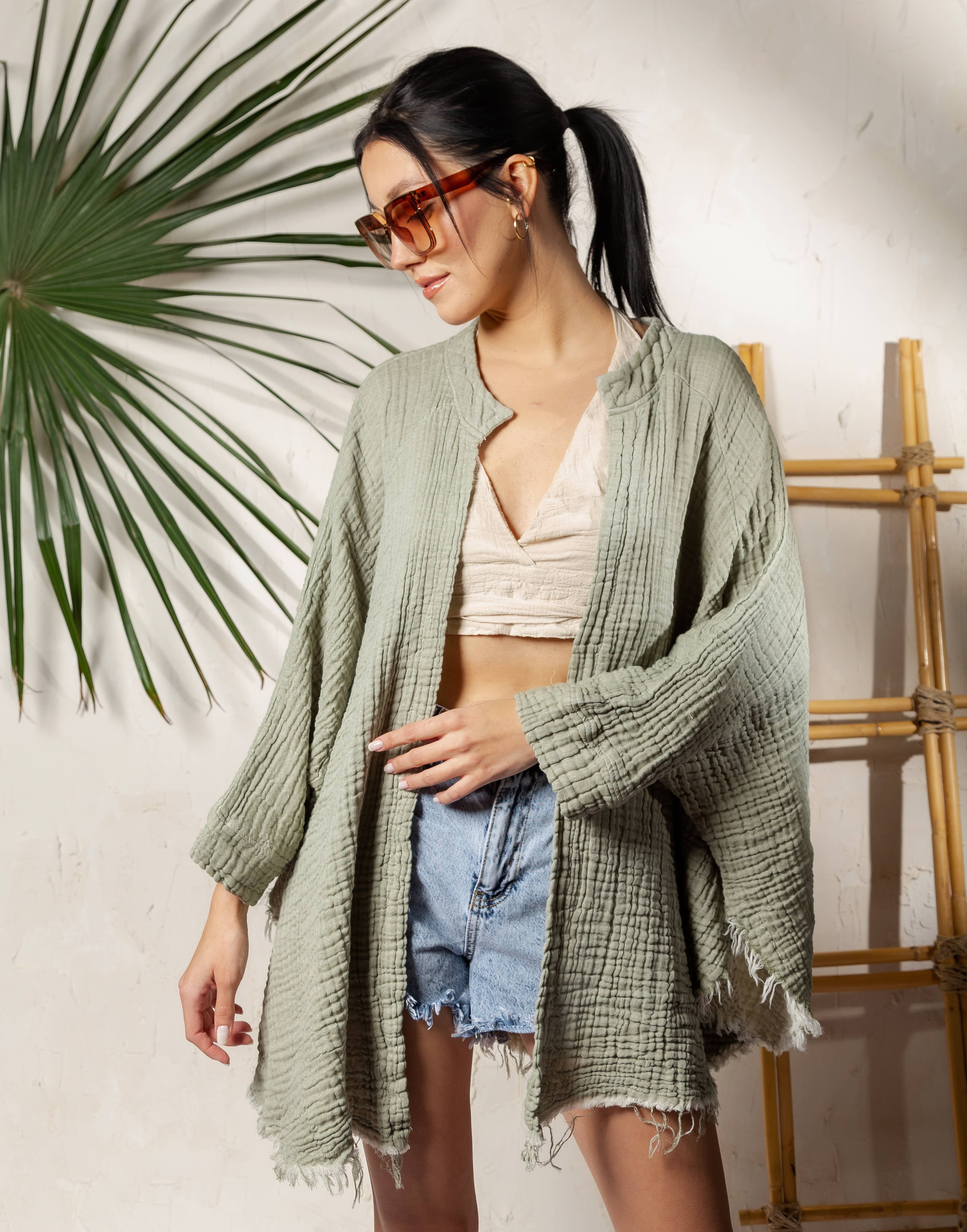 Green Evil Eye Muslin Kimono Robe / Poncho