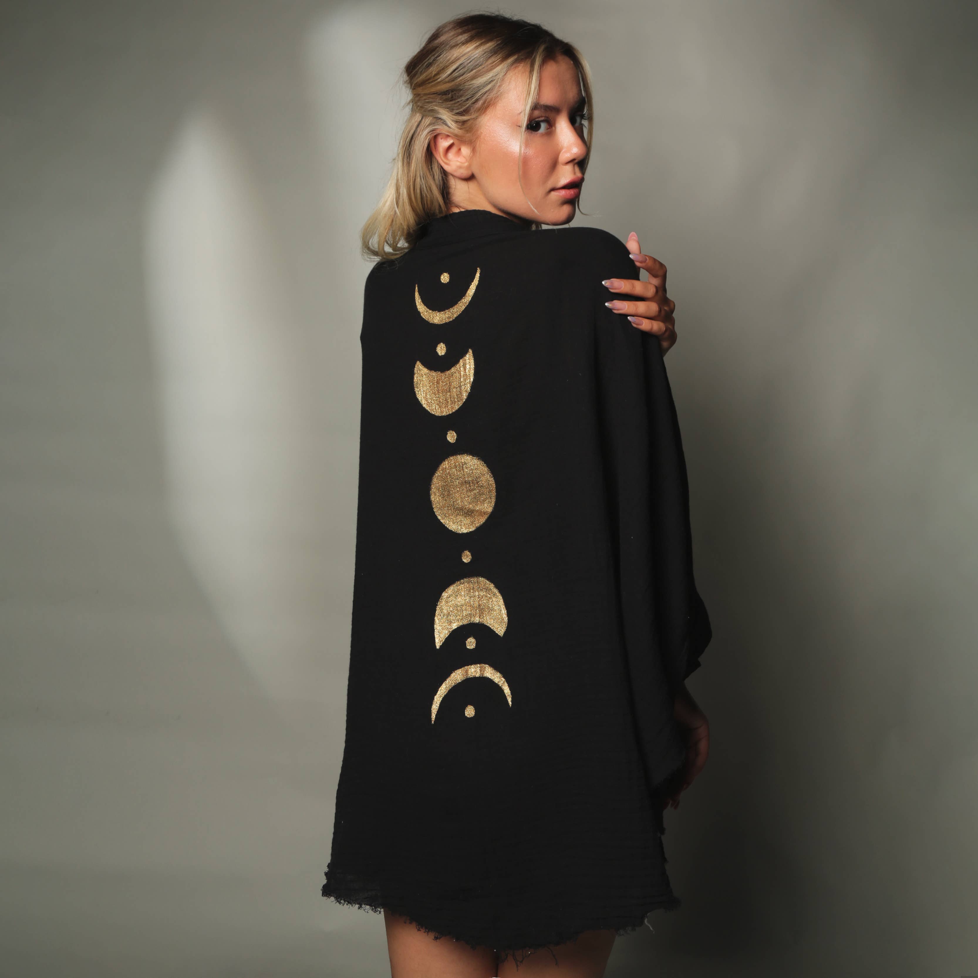 Green Muslin Kimono Robe with Golden Moon Phases / Poncho