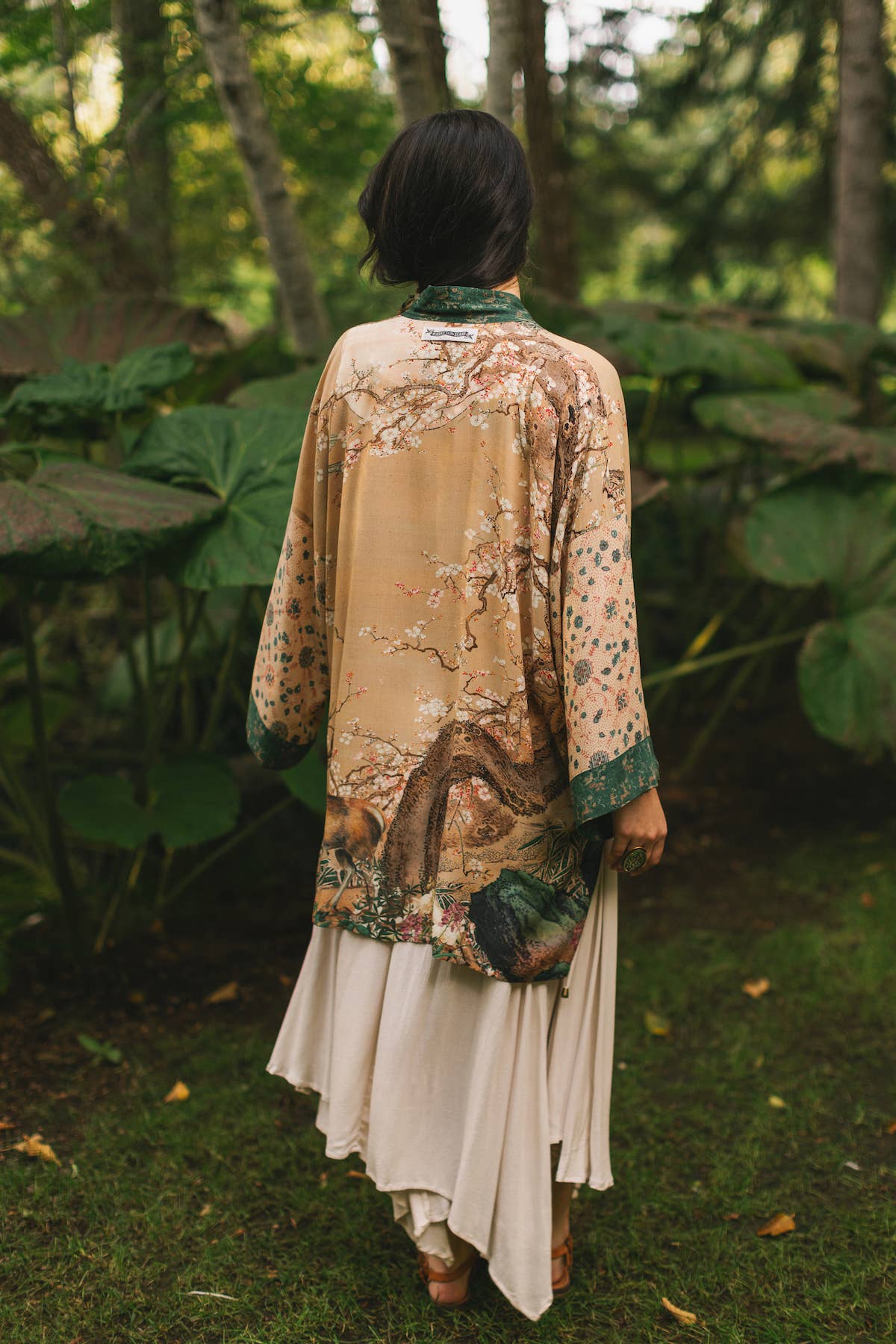 Fable Matinée Duster Bamboo Kimono w/Blossoms, mid-length