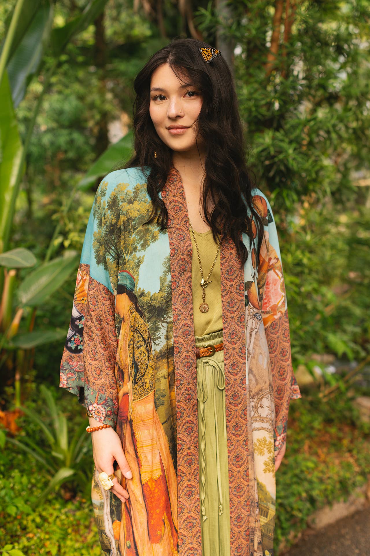 Secret Garden Opera Duster Bamboo Kimono Robe w/ Swan, Fan