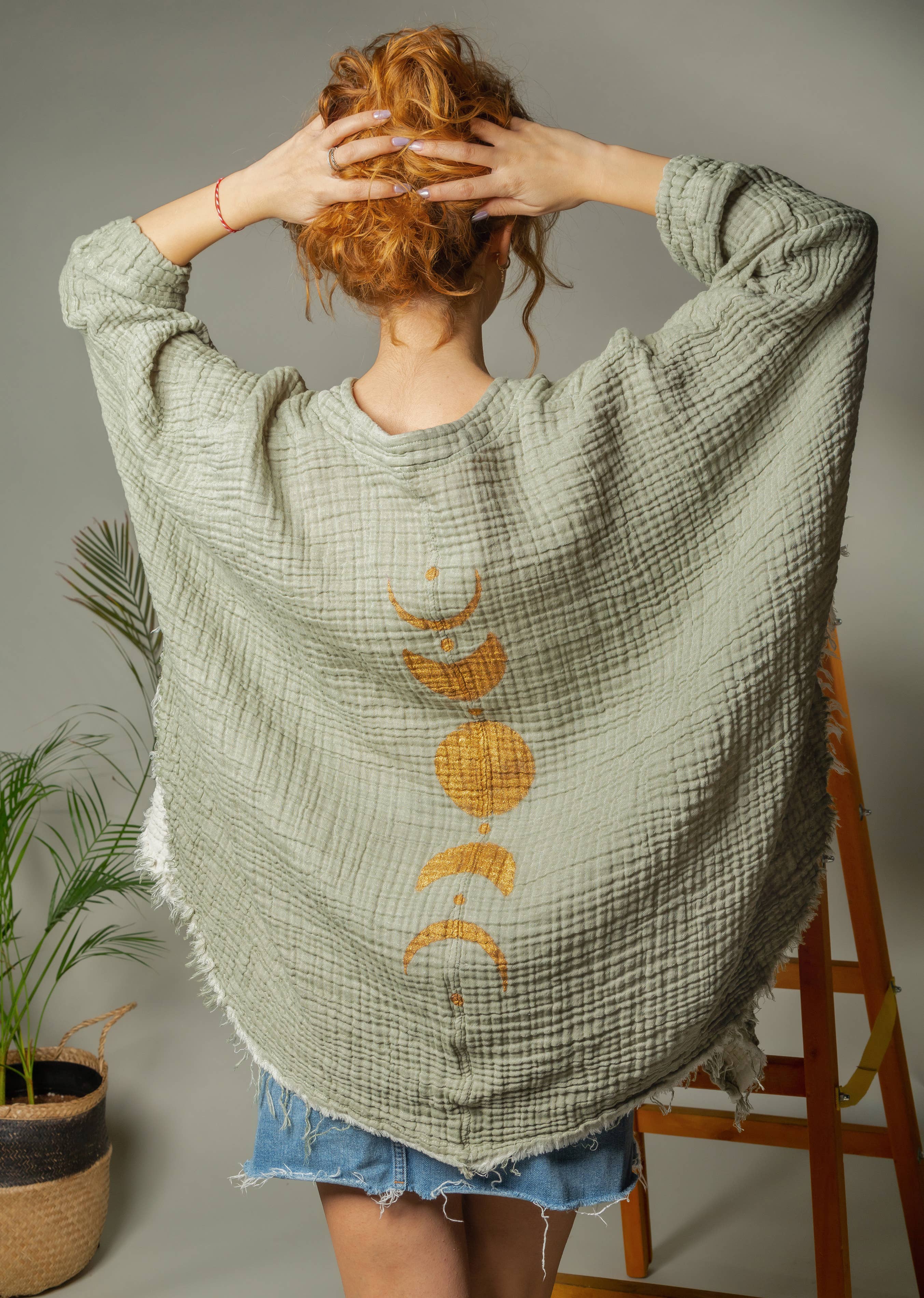 Green Muslin Kimono Robe with Golden Moon Phases / Poncho