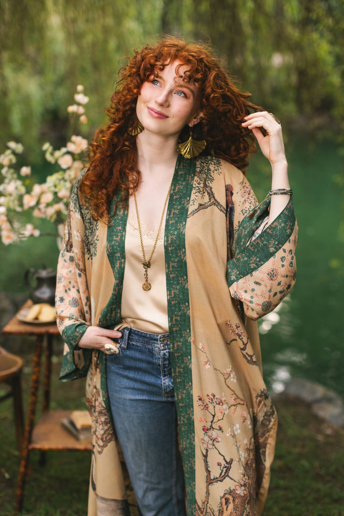 Fable Opera Duster Bamboo Kimono Robe w/ Deer Moon & Blossom