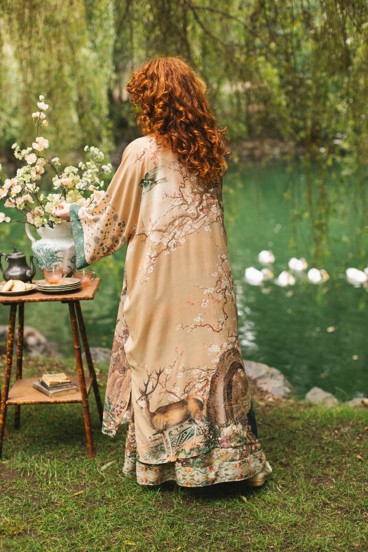 Fable Opera Duster Bamboo Kimono Robe w/ Deer Moon & Blossom