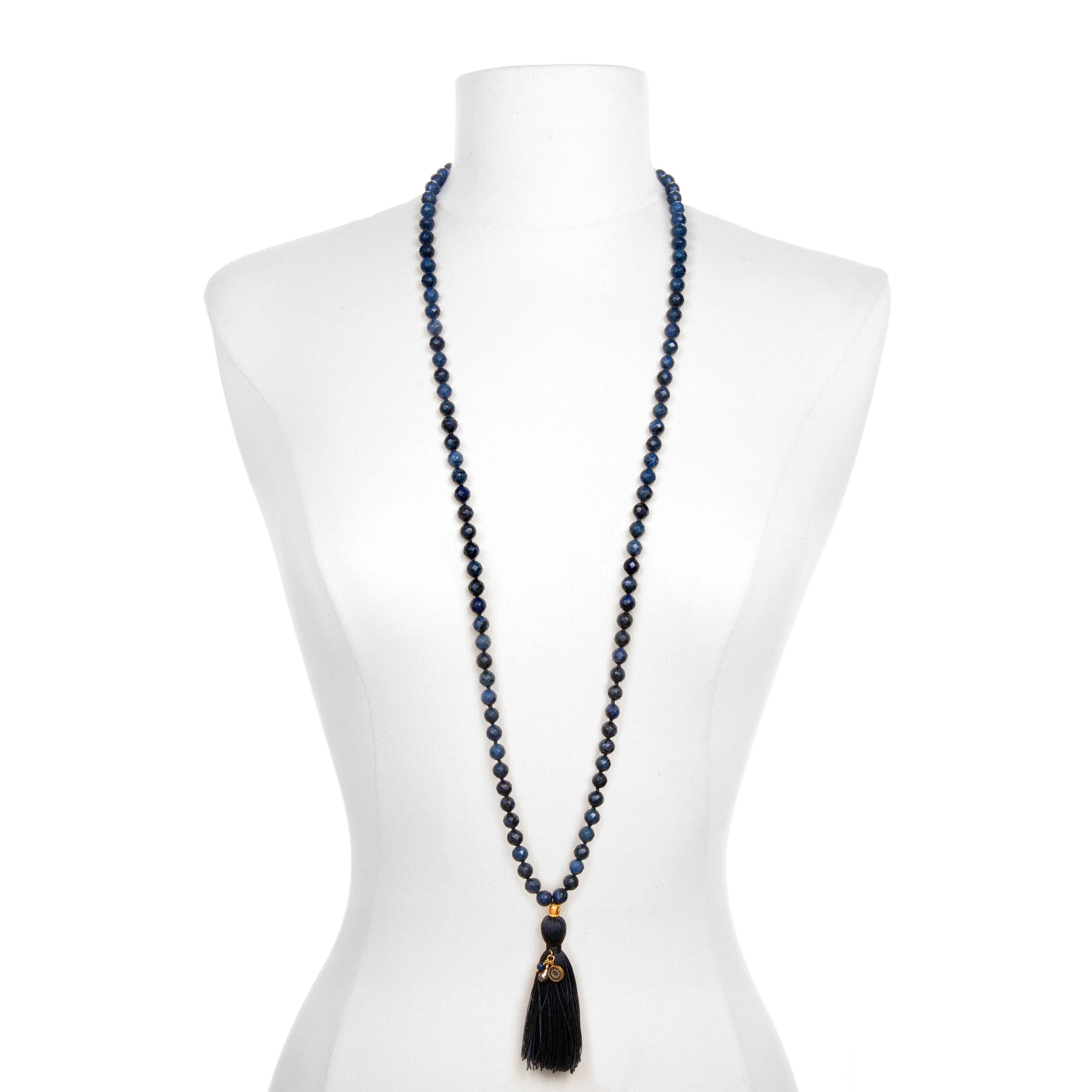 Dumortierite Gold Moon Tassel Mala Necklace (40-inch)
