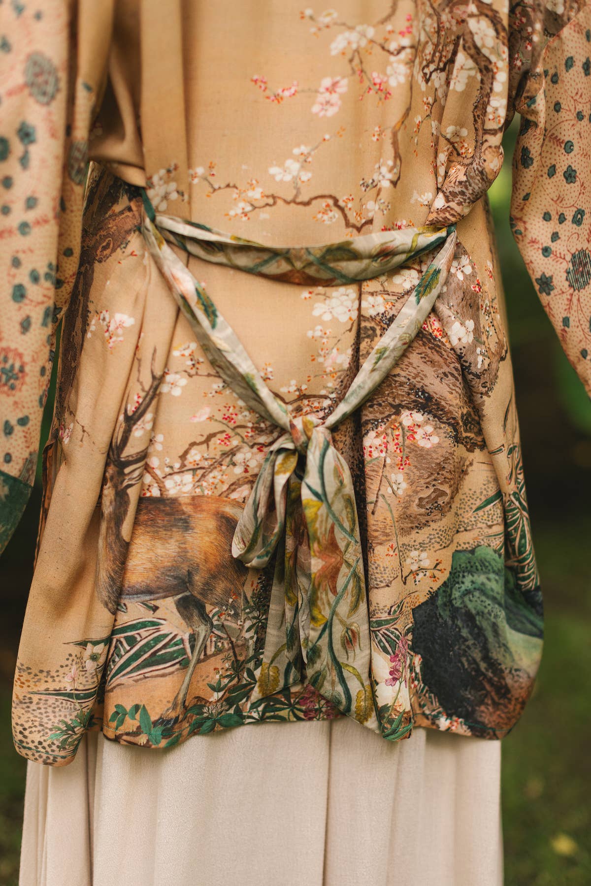 Fable Matinée Duster Bamboo Kimono w/Blossoms, mid-length