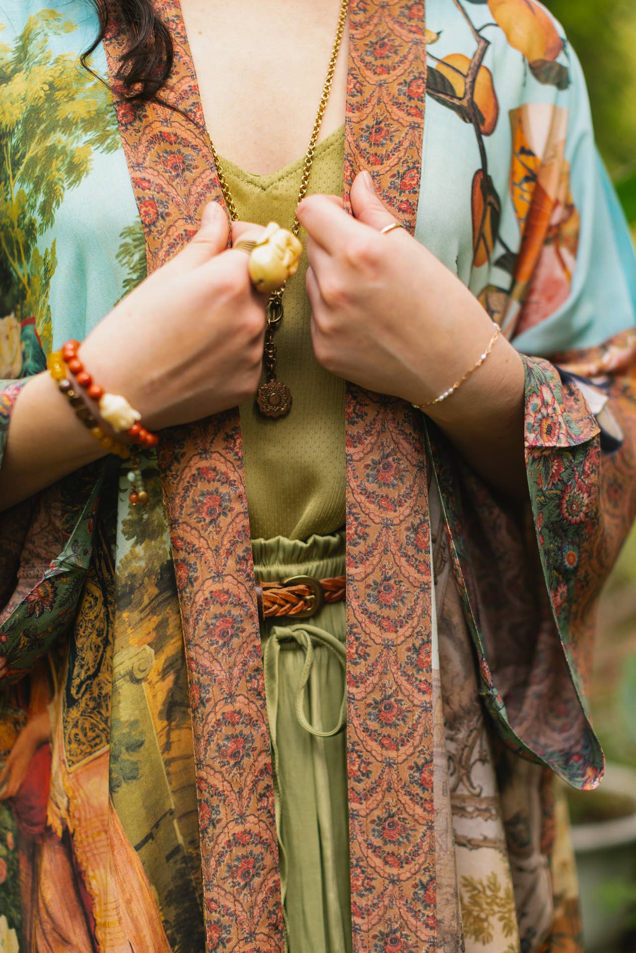 Secret Garden Opera Duster Bamboo Kimono Robe w/ Swan, Fan