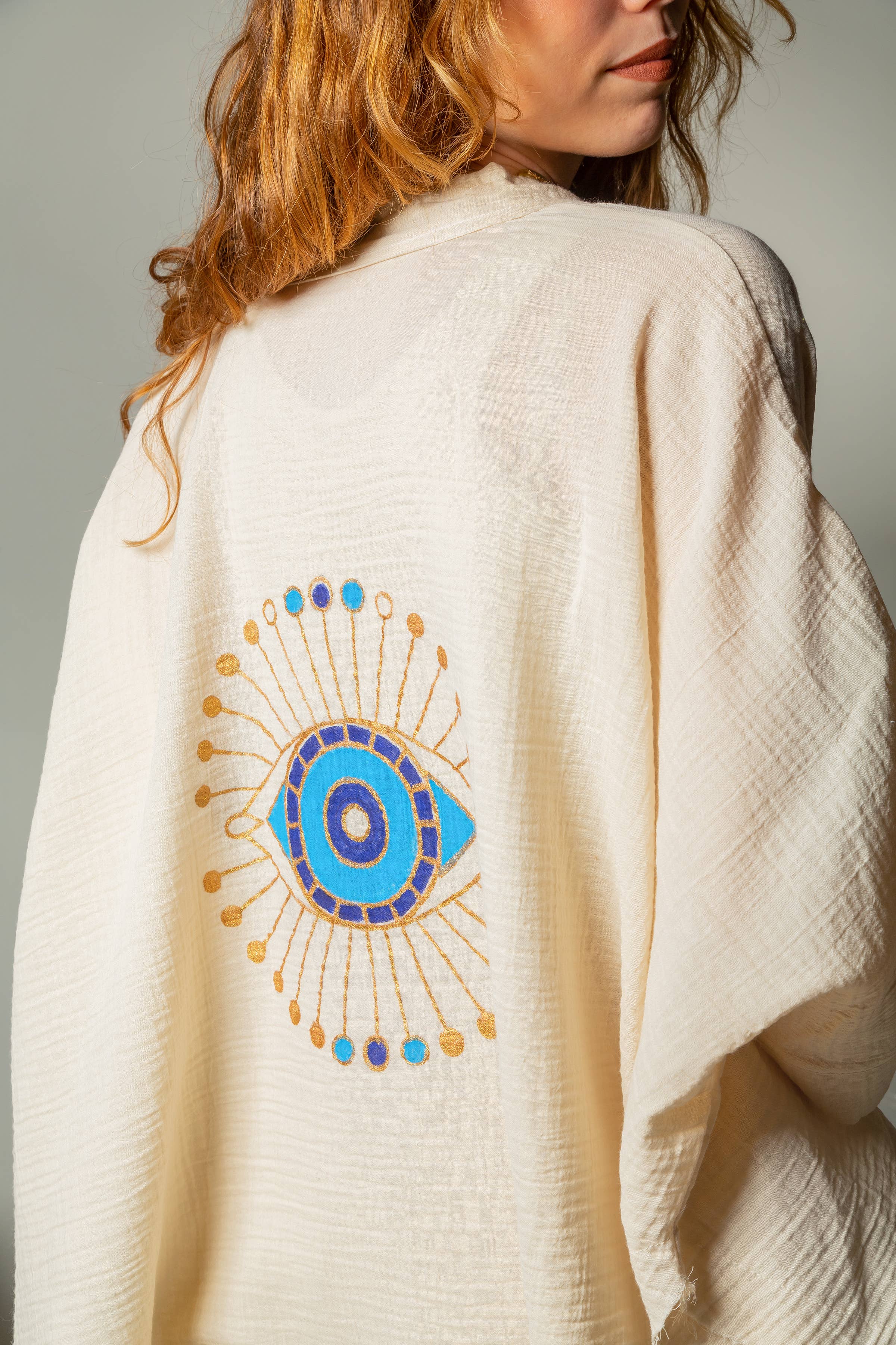 Cream Celestial Evil Eye Muslin Kimono Robe / Poncho
