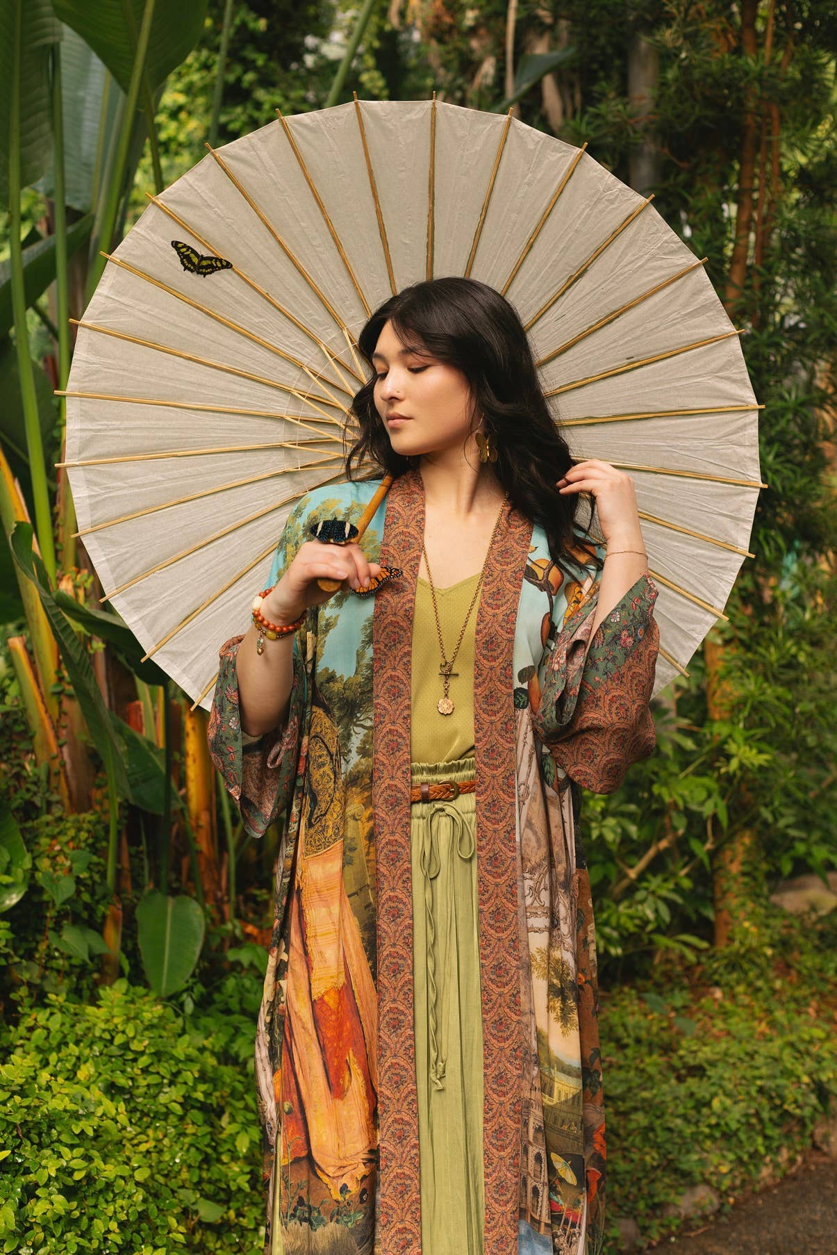 Secret Garden Opera Duster Bamboo Kimono Robe w/ Swan, Fan