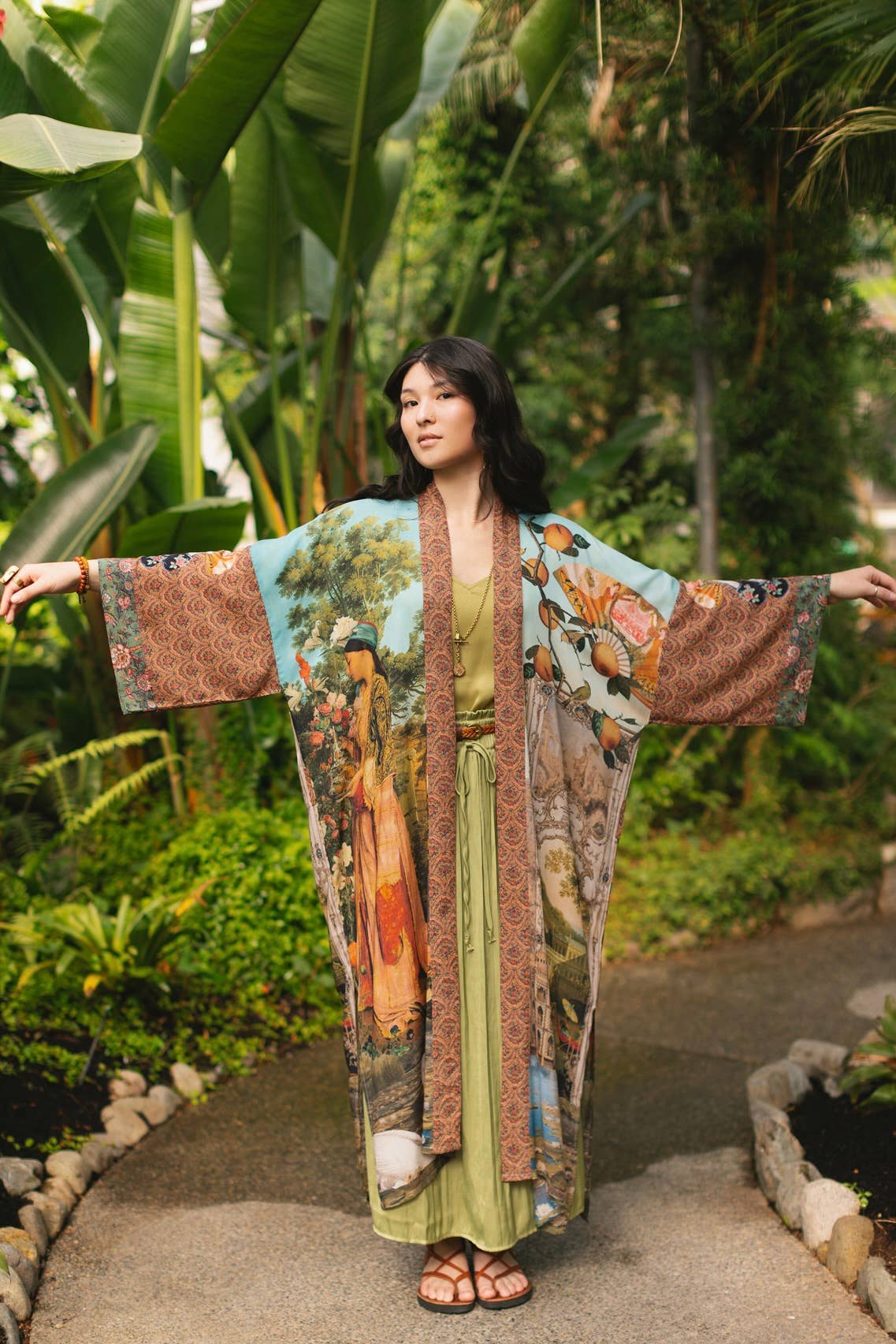 Secret Garden Opera Duster Bamboo Kimono Robe w/ Swan, Fan