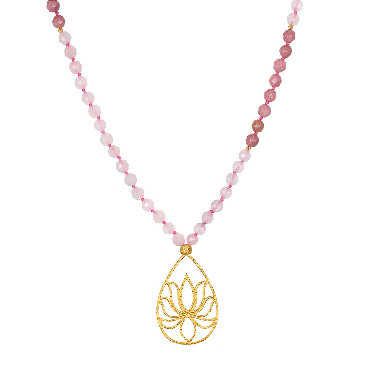 33" Rose quartz color block lotus mala