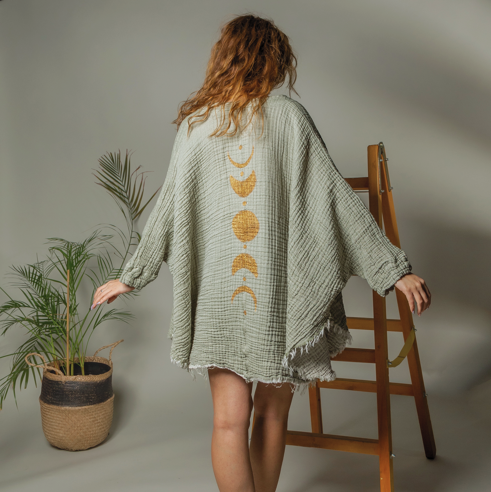 Green Muslin Kimono Robe with Golden Moon Phases / Poncho
