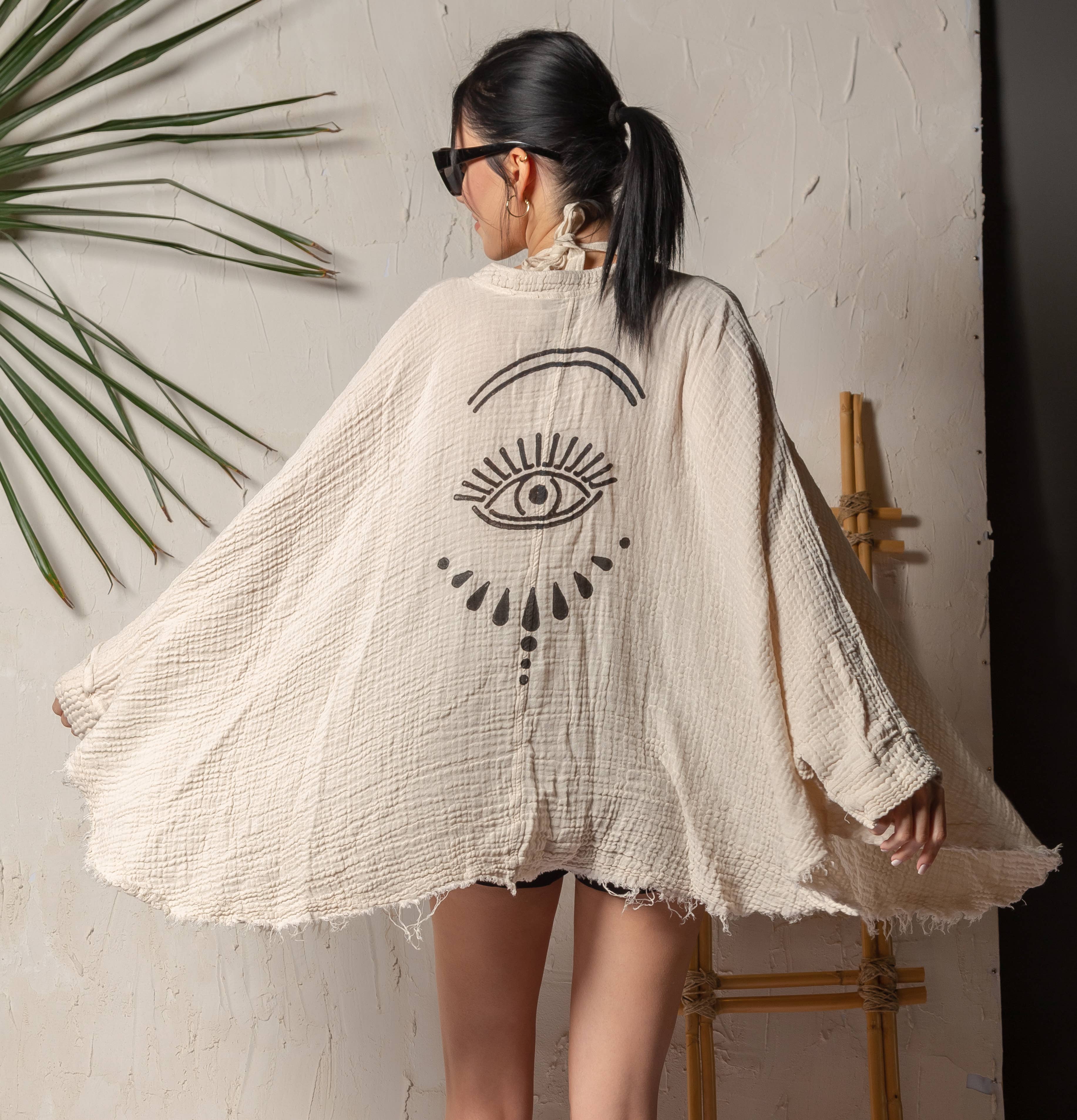 Cream Evil Eye Muslin Kimono Robe / Poncho