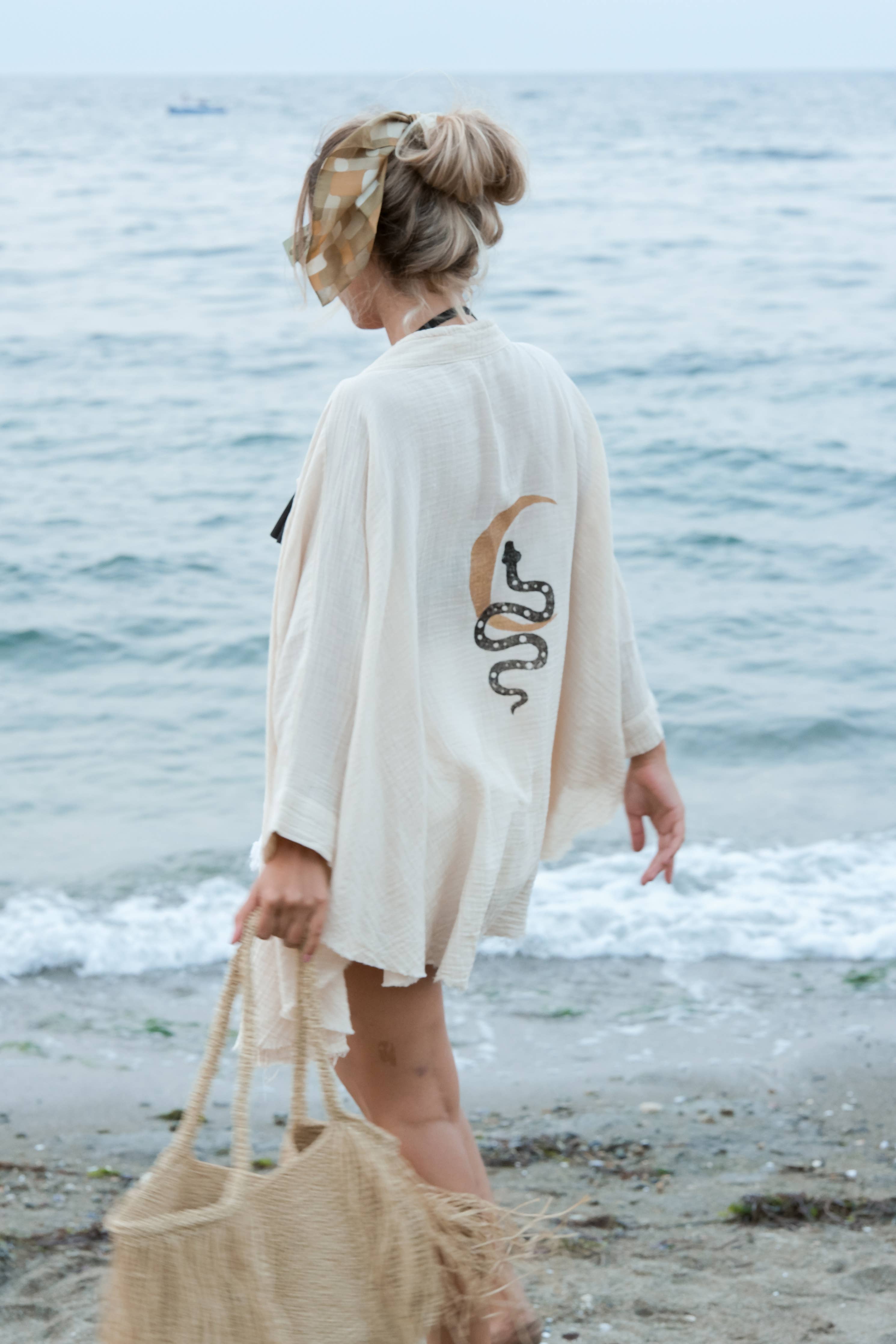 Snake and Moon Celestial Muslin Kimono Robe / Poncho