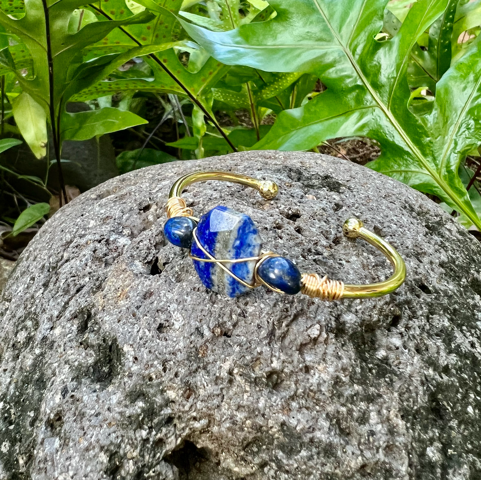 Lapis Gemstone (Three Stone) Gold Bangle Cuff Bracelet