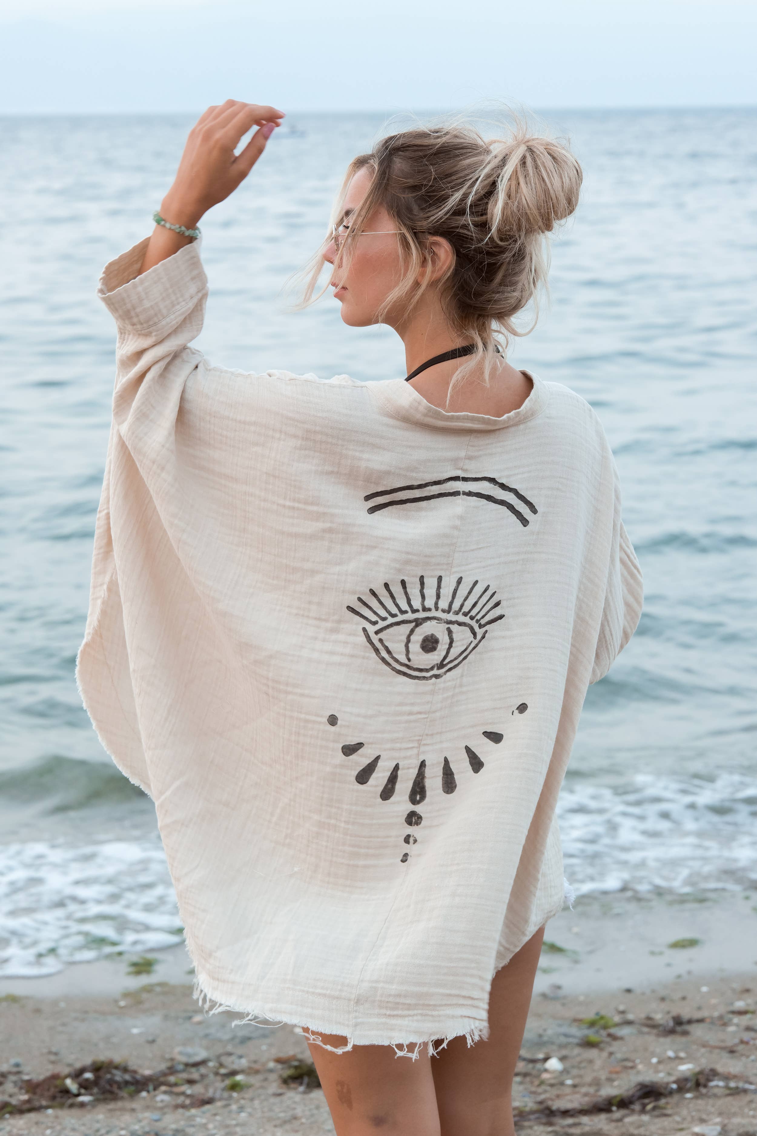 Cream Evil Eye Muslin Kimono Robe / Poncho