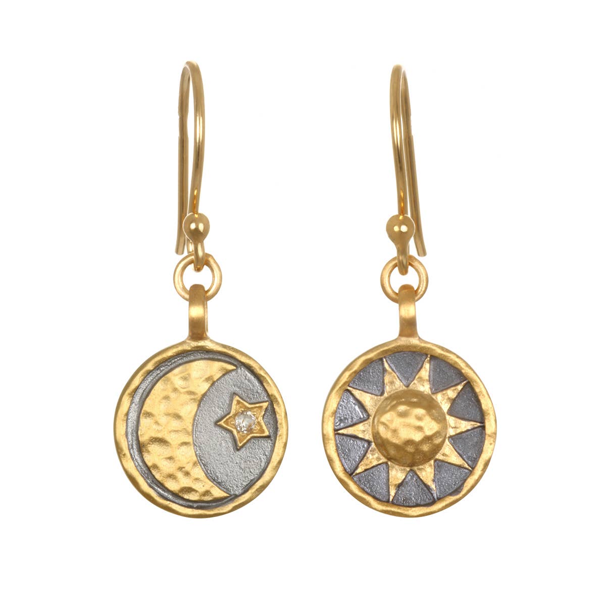 White Topaz Gold & Gunmetal Celestial Sun Moon Star Earrings