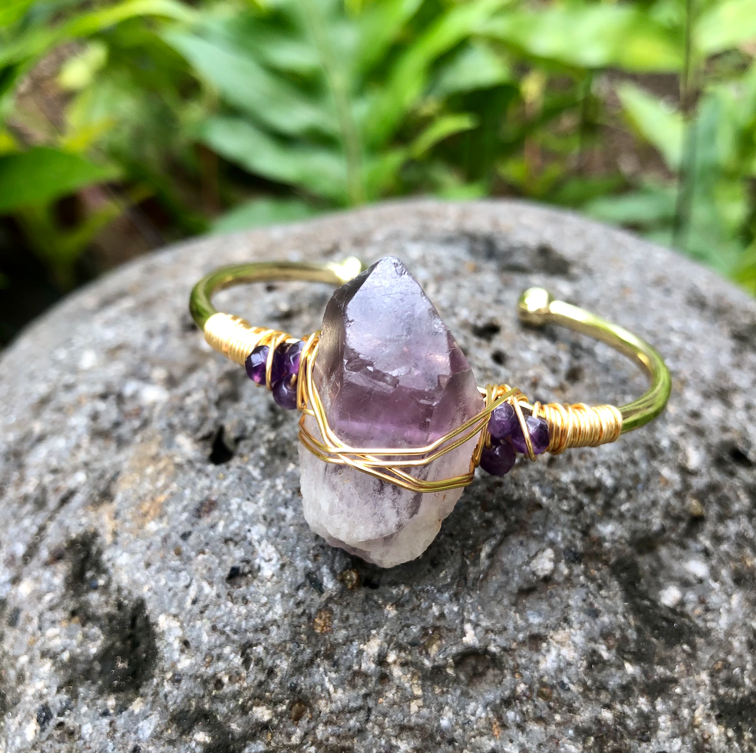 Amethyst (Large Stone) Gemstone Gold Bangle Cuff Bracelet  ~ "Energetic Protection & Aura Clearing"