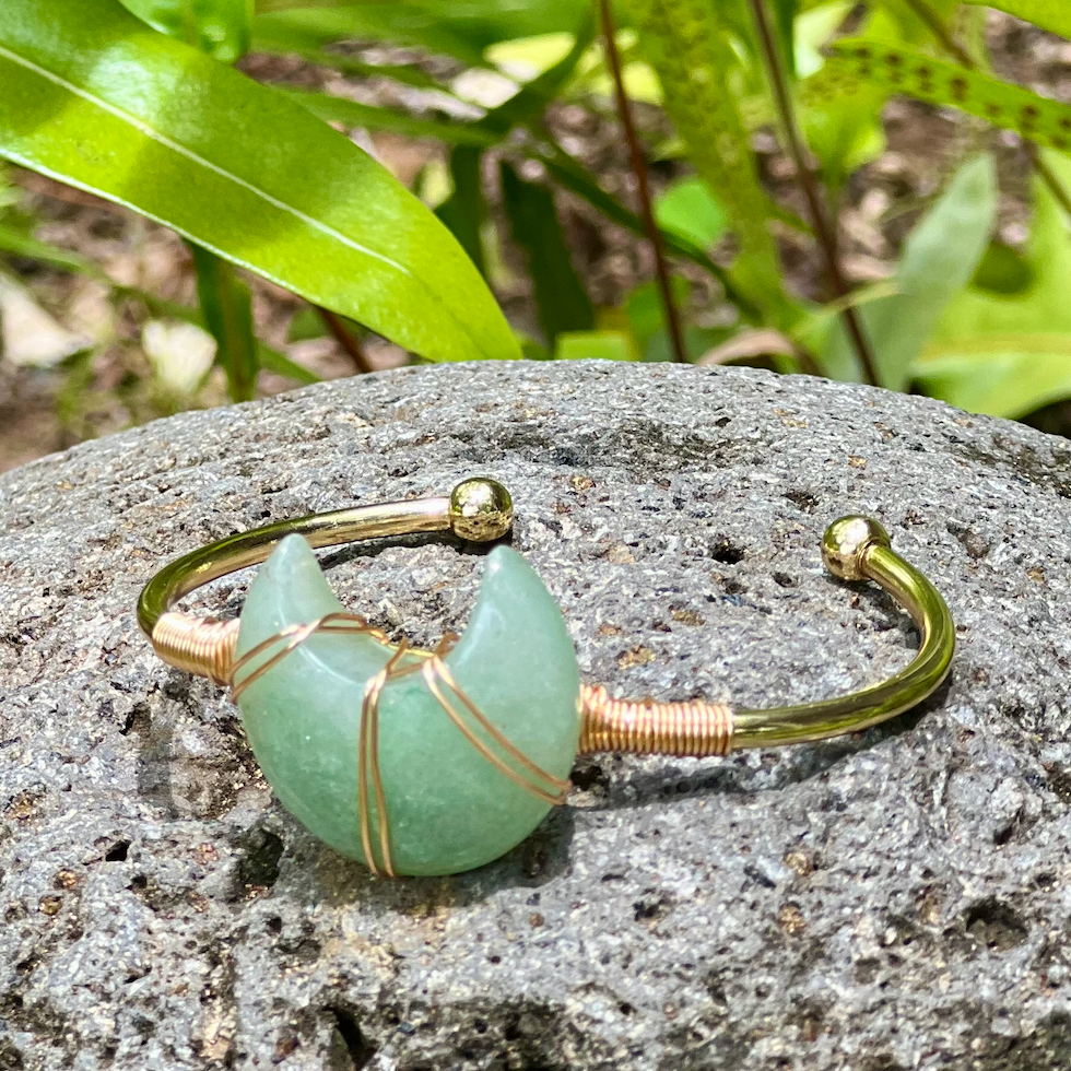 Aventurine Moon Gemstone Gold Bangle Cuff Bracelet