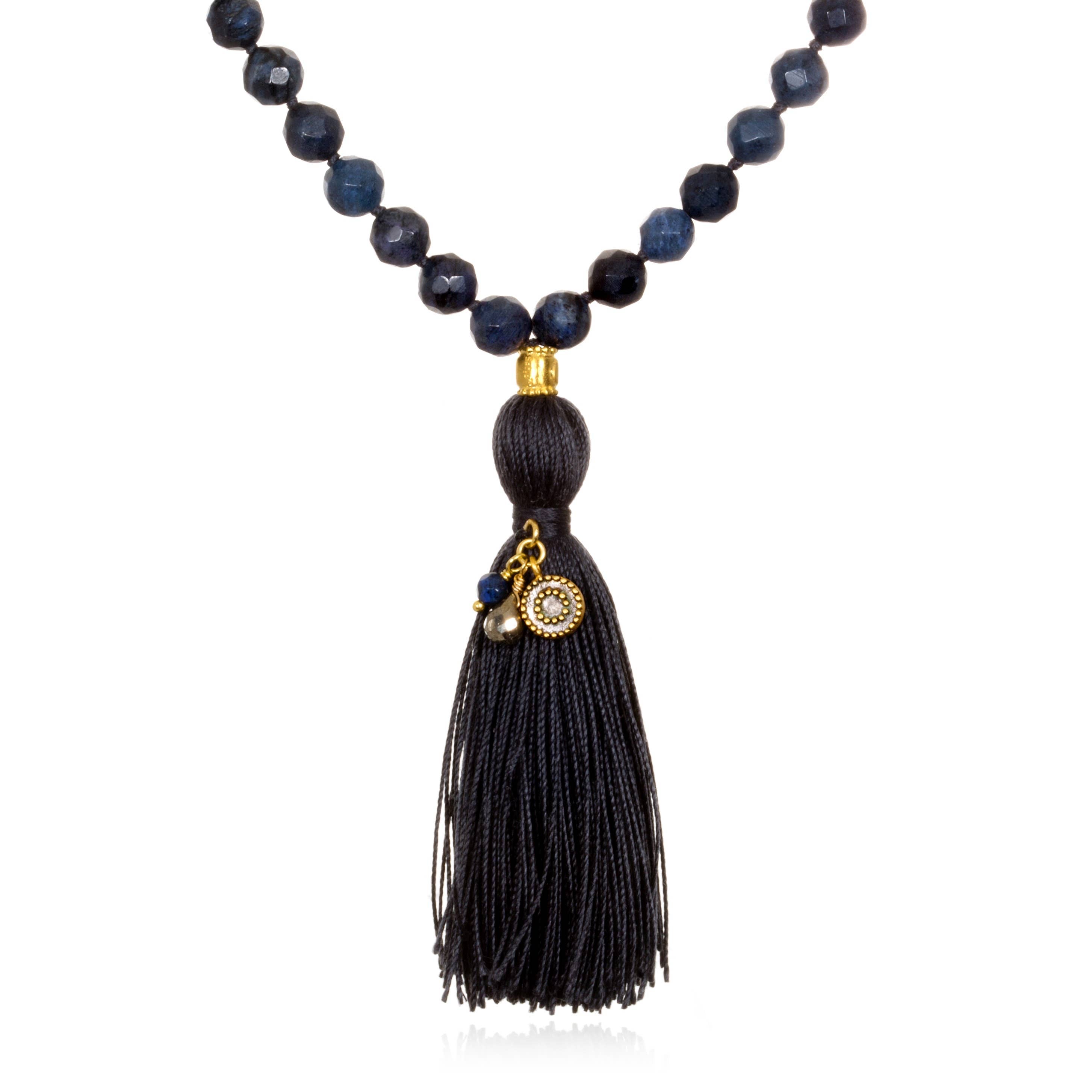 Dumortierite Gold Moon Tassel Mala Necklace (40-inch)
