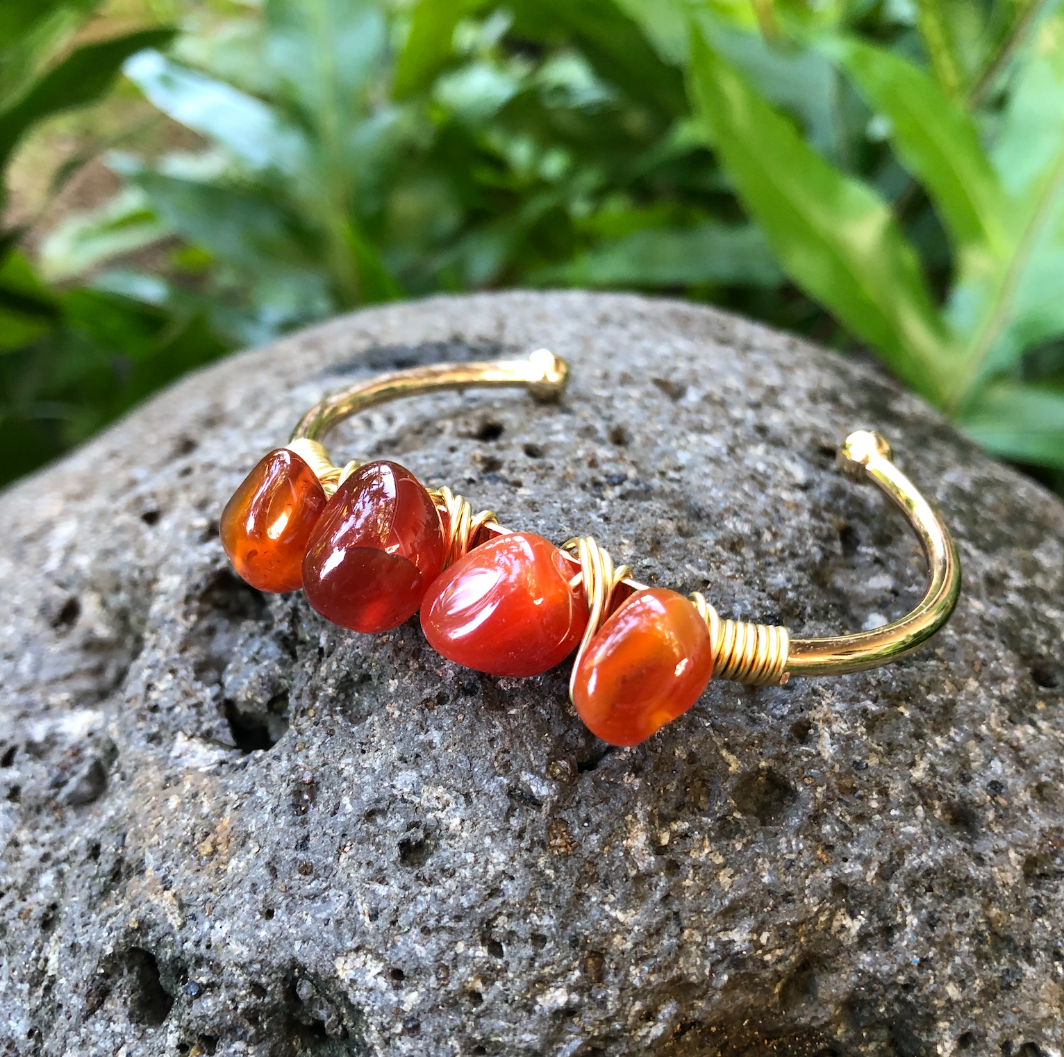 Sunstone Gemstone Gold Bangle Cuff Bracelet "Positivity" Bra