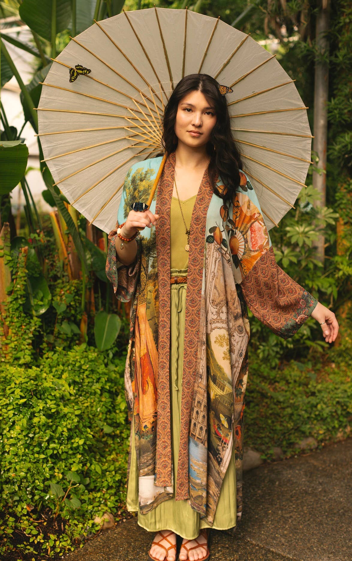 Secret Garden Opera Duster Bamboo Kimono Robe w/ Swan, Fan