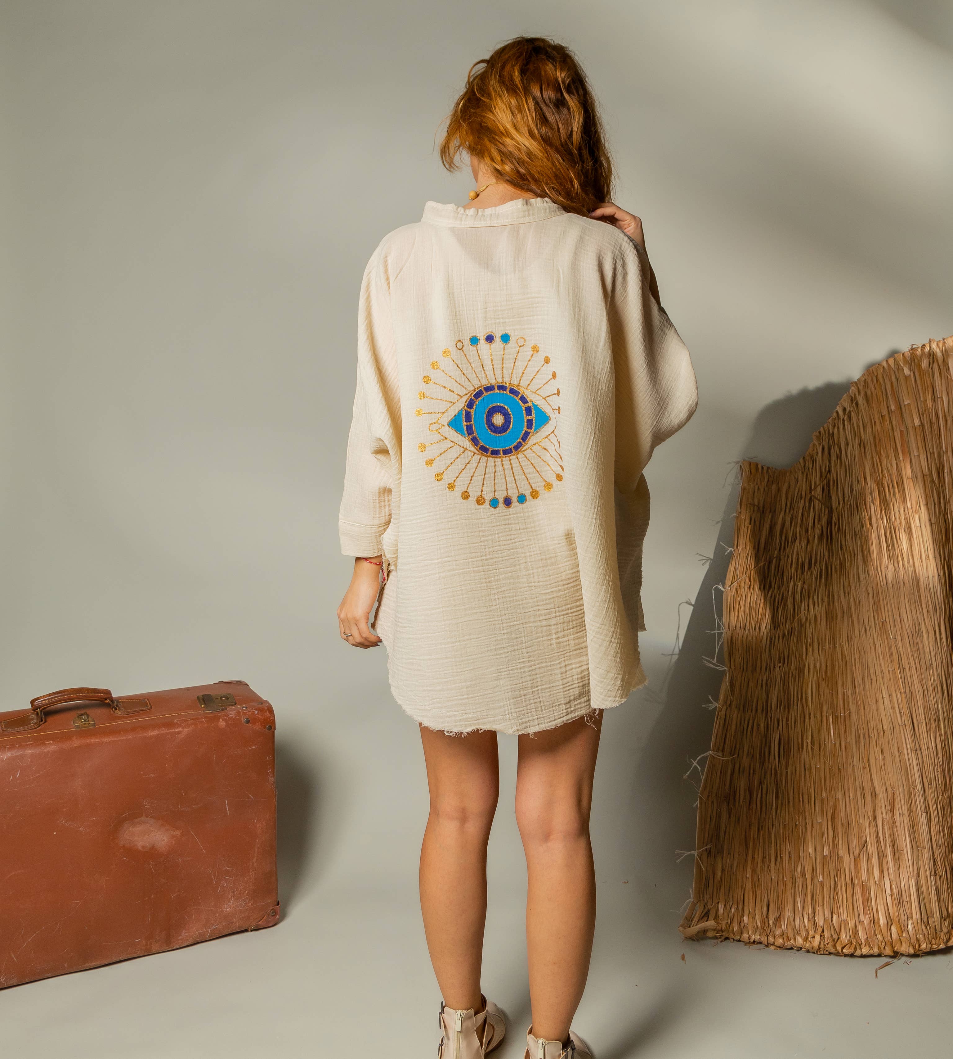 Cream Celestial Evil Eye Muslin Kimono Robe / Poncho