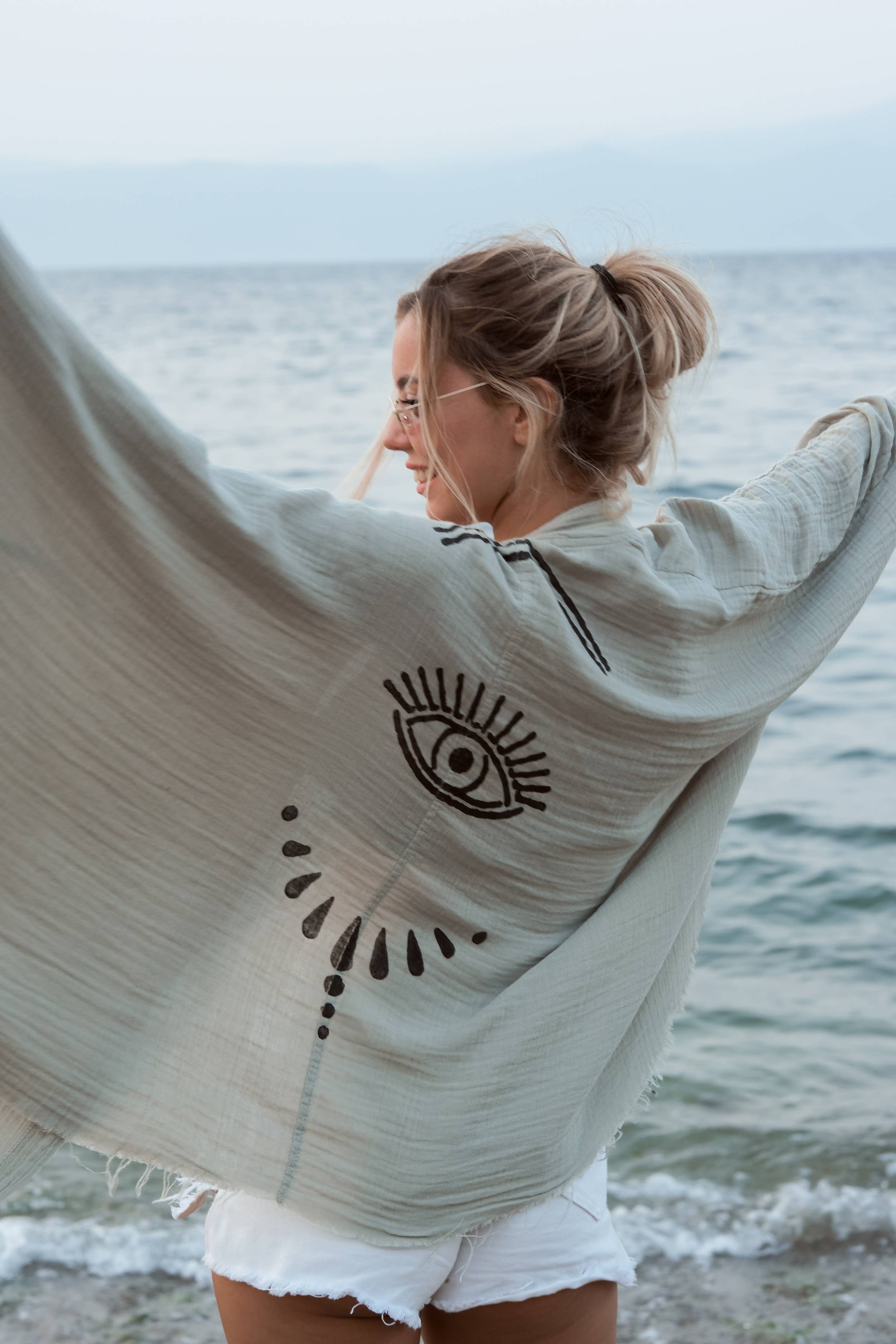 Cream Evil Eye Muslin Kimono Robe / Poncho