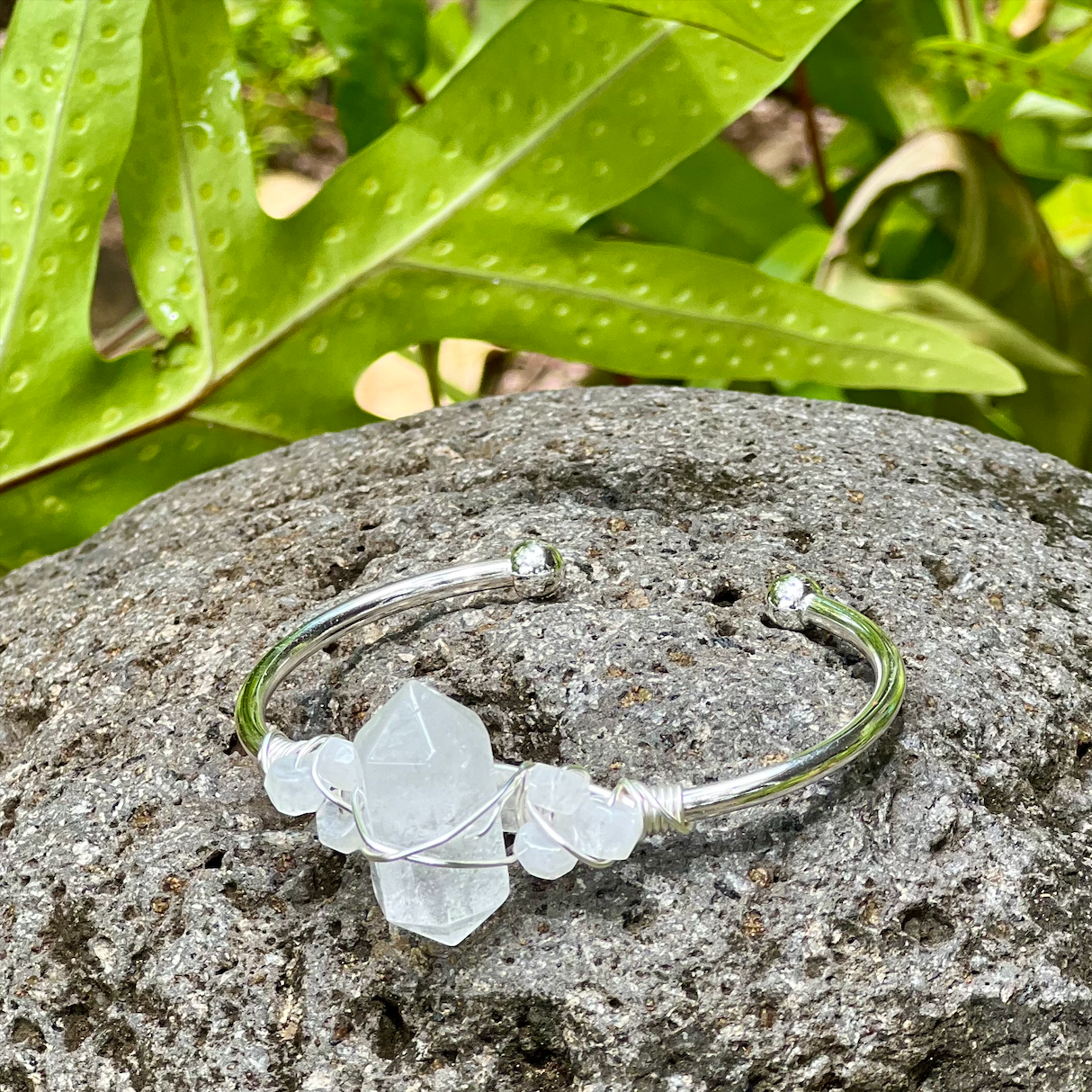 Clear Crystal Quartz Gemstone Silver Bangle Cuff Bracelet