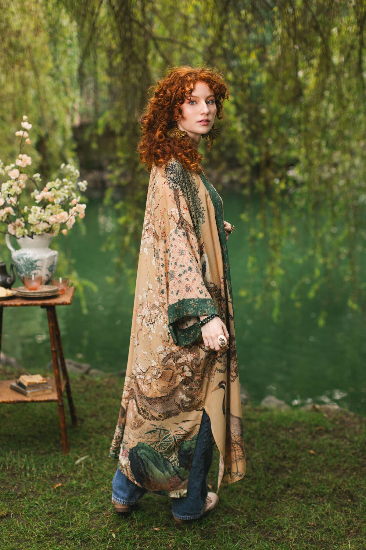 Fable Opera Duster Bamboo Kimono Robe w/ Deer Moon & Blossom