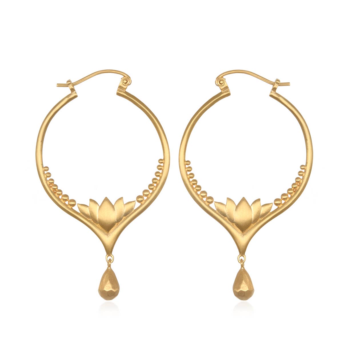 Gold Lotus Drop Hoop Earrings